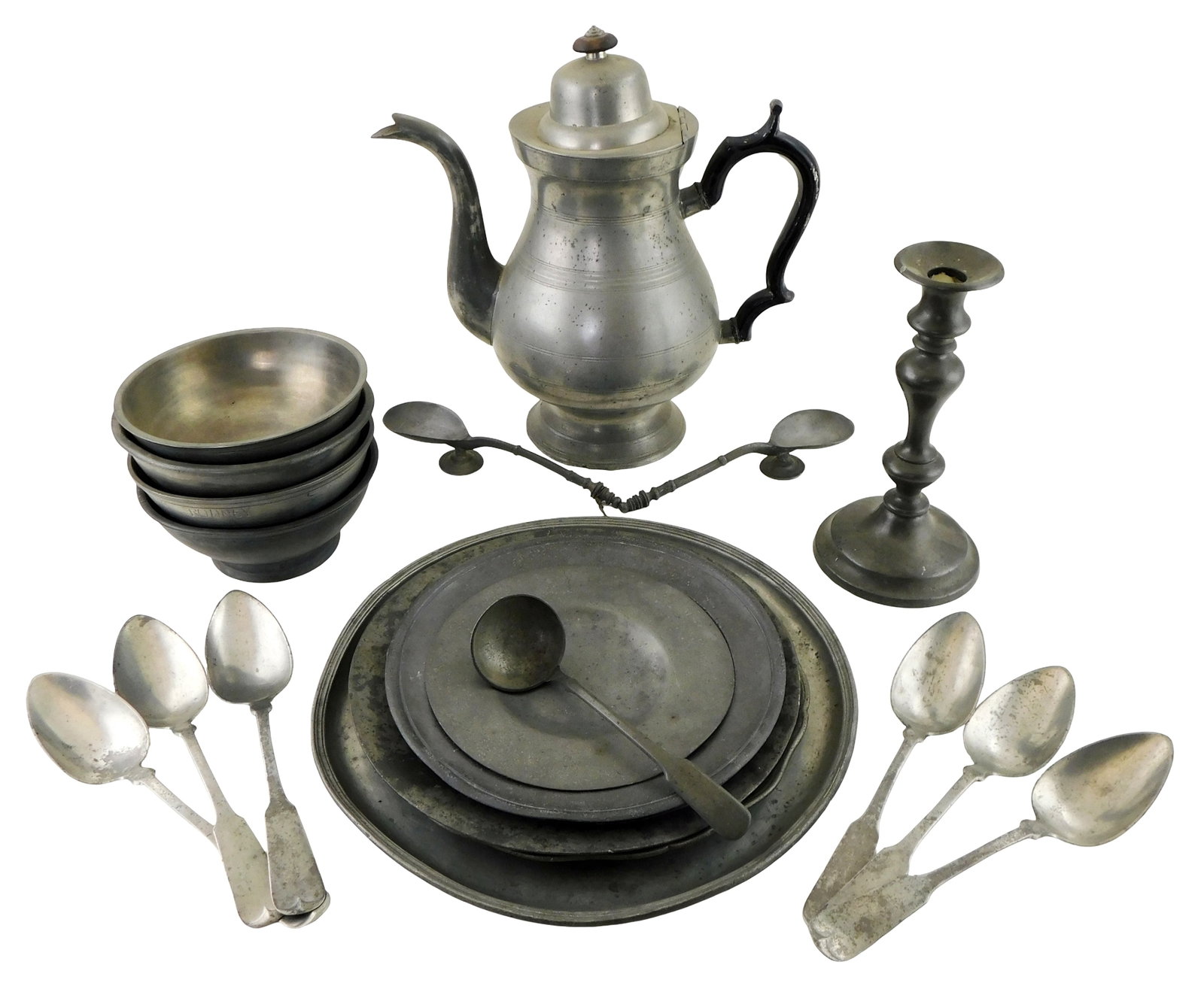 20+ pieces of pewter, some early, details include: Allen Porter pear form coffee pot with ring: 20+ pieces of pewter, some early, details include: Allen Porter pear form coffee pot with ring turnings, hinged lid, and ebonized accents, marked on bottom, 11” h.; candlestick, unmarked, 7 
