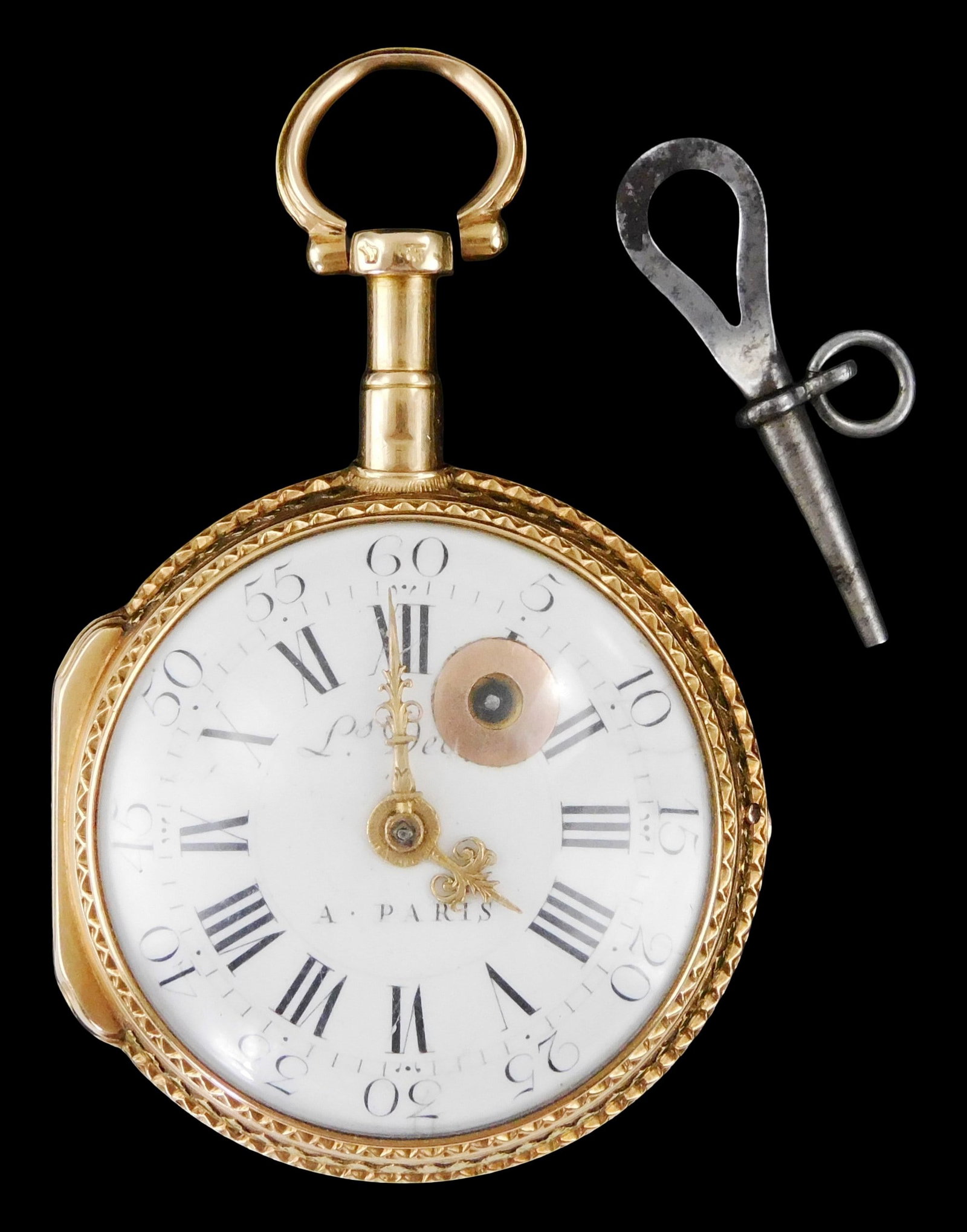 JEWELRY: 18K Antique key wind pocket watch, French, hinged open face case tested 18K yellow gold: JEWELRY: 18K Antique key wind pocket watch, French, hinged open face case tested 18K yellow gold with green and rose gold accents, Verge style movement with silver regulator disk, engraved balance bri