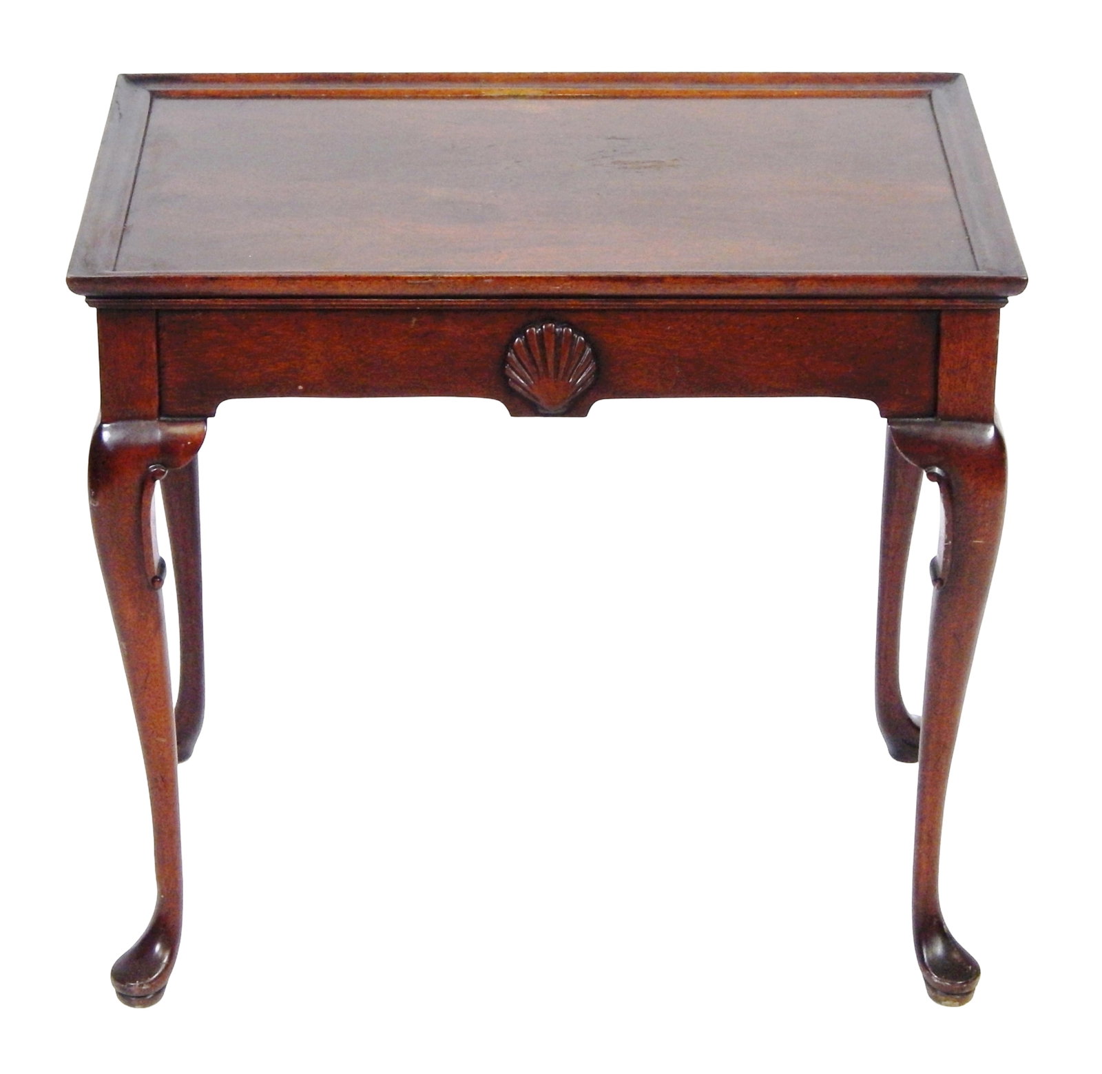 Hickory Chair Co. Queen Anne style tray top tea table, both short sides with pull-out slides, shell: Hickory Chair Co. Queen Anne style tray top tea table, both short sides with pull-out slides, shell motif to center of long sides, cabriole legs ending on pad feet, missing knobs on both slides, wear 