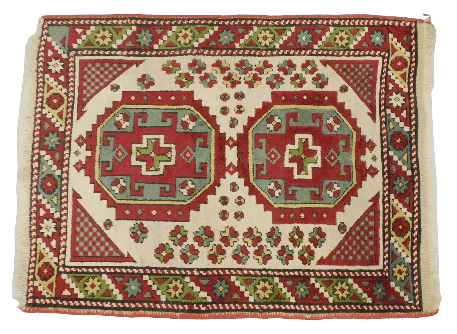 RUG: Antique Kazak rug, 3' x 5', wool on cotton, cream ground, red border, two medallions, wear: RUG: Antique Kazak rug, 3' x 5', wool on cotton, cream ground, red border, two medallions, wear consistent with age and use.