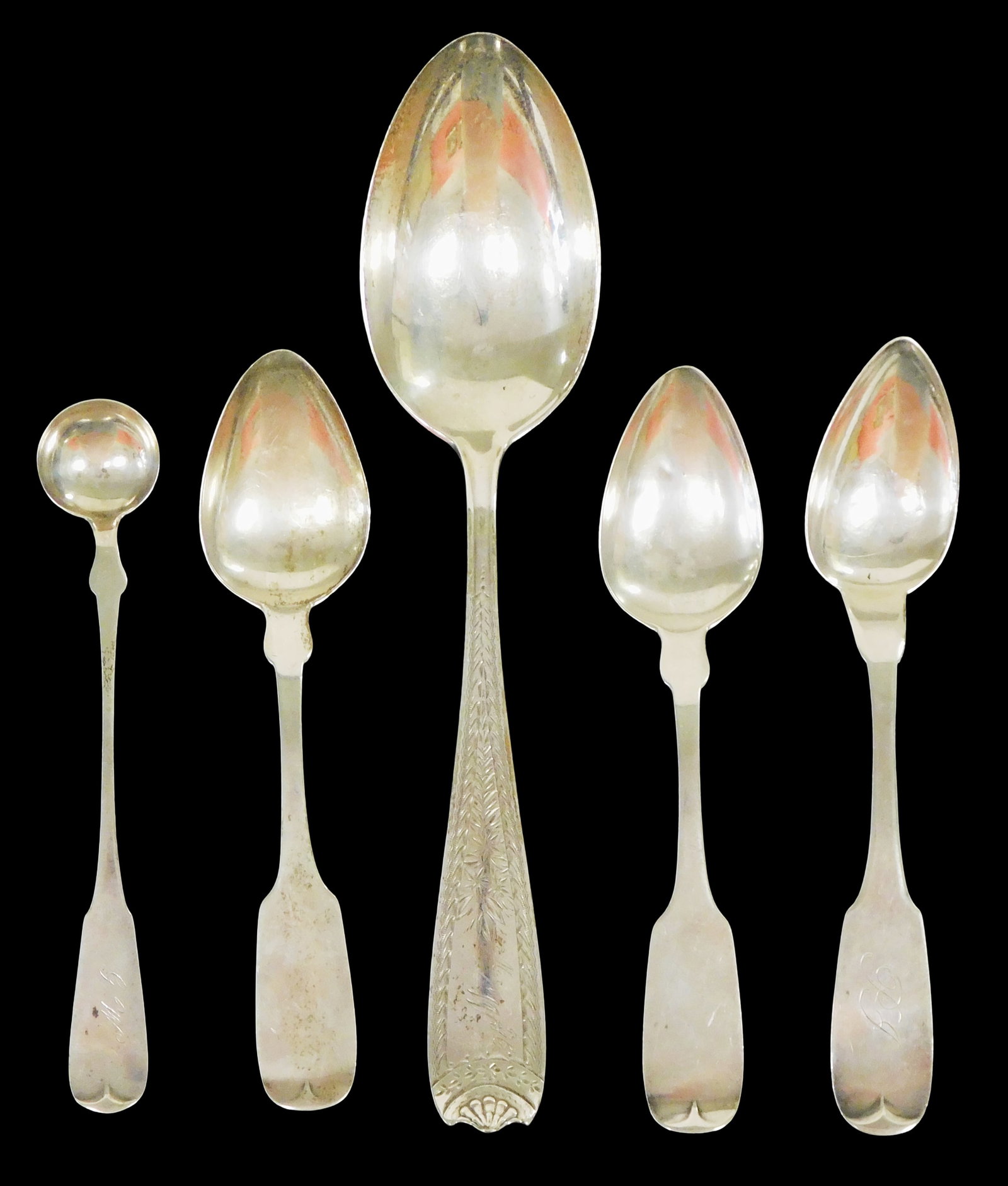 SILVER: Sterling and coin silver spoons, five pieces, late 19th- early 20th C., including: Gorham: SILVER: Sterling and coin silver spoons, five pieces, late 19th- early 20th C., including: Gorham sterling serving spoon, Rhode Island, engraved floral motifs, "MWH" monogram, reverse with maker's mar