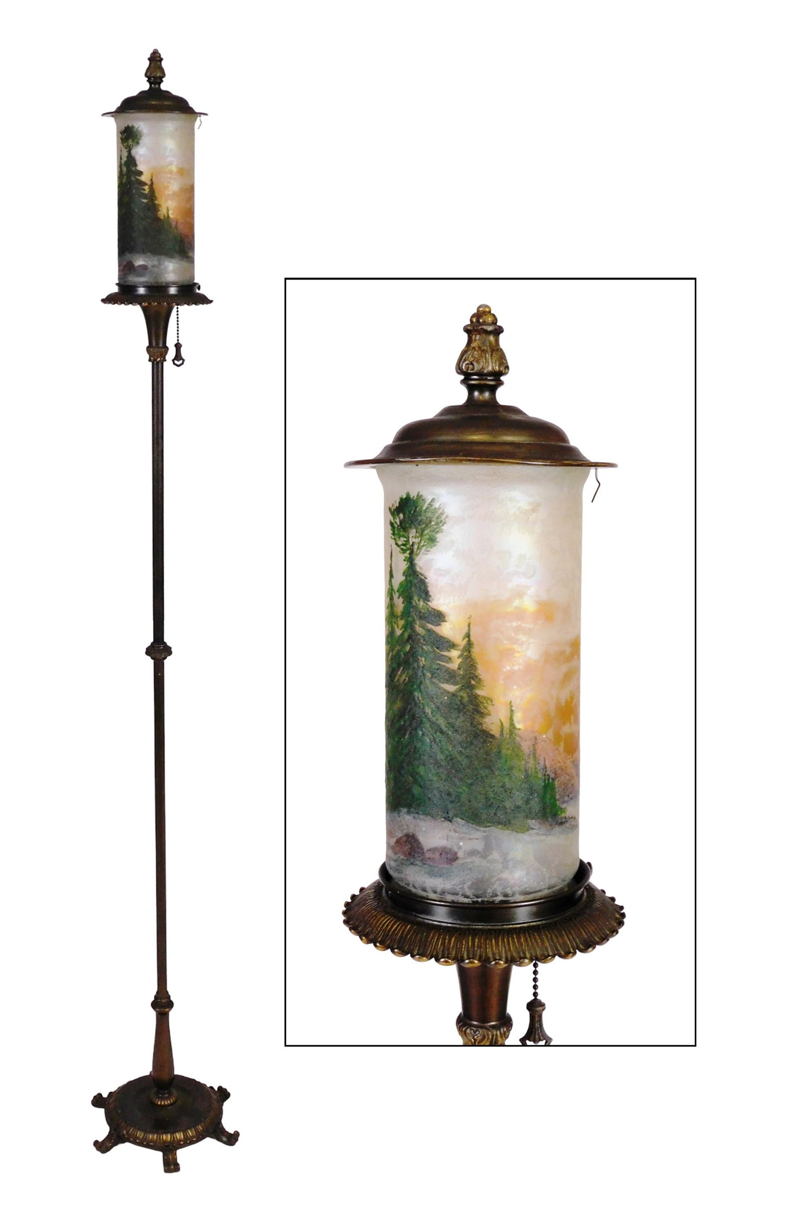 Handel floor lamp with signed scenic shade, early 20th C., Meriden CT, #6990 cylindrical glass (1 of 6)