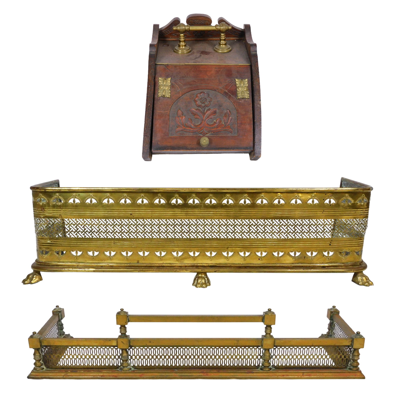 Brass fire fenders and coal hod, three pieces, late 19th- early 20th C., details include: Bas relief (1 of 12)