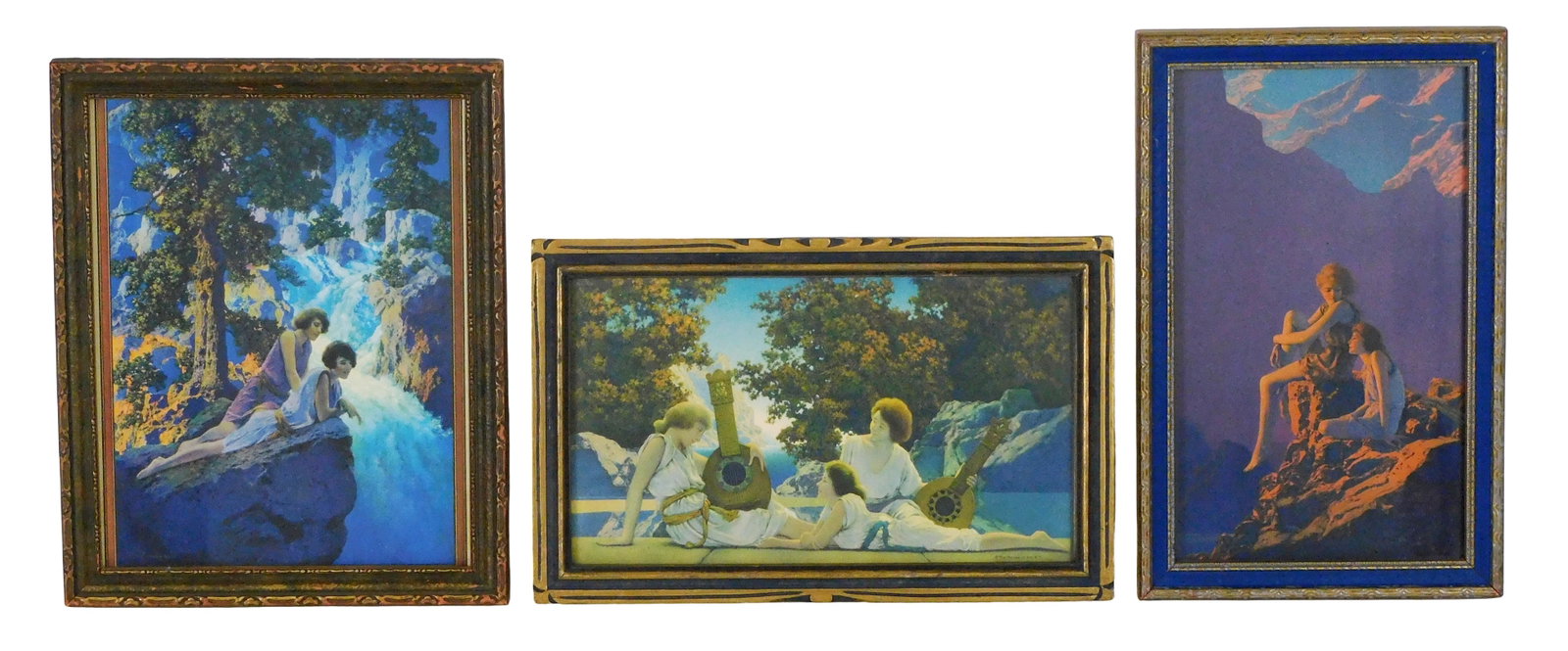 Maxfield Parrish (American, 1870-1966), three framed lithographic prints, including: “The Lute: Maxfield Parrish (American, 1870-1966), three framed lithographic prints, including: “The Lute Players”, 1924, published by The House of Art, NY, frame with losses to finish, ss: 5 ½&