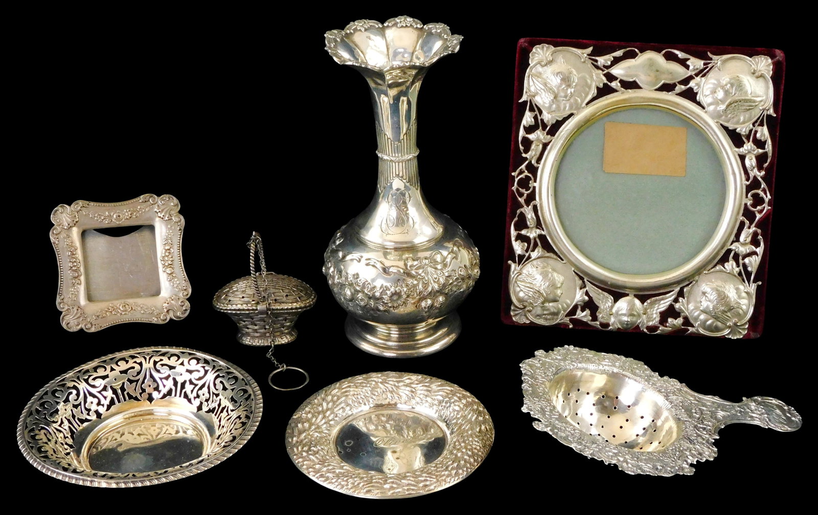 STERLING: Miscellaneous sterling silver serving ware and decor, seven pieces, late 19th- early 20th (1 of 3)