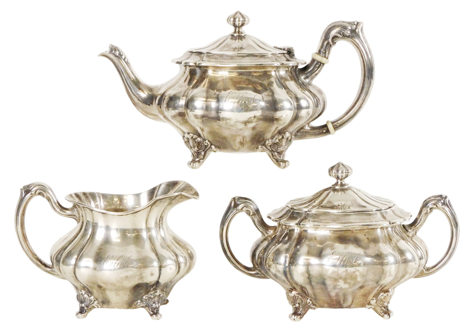 STERLING: Black Starr and Frost three-piece sterling silver tea set, late 19th C., New York, pattern (1 of 4)