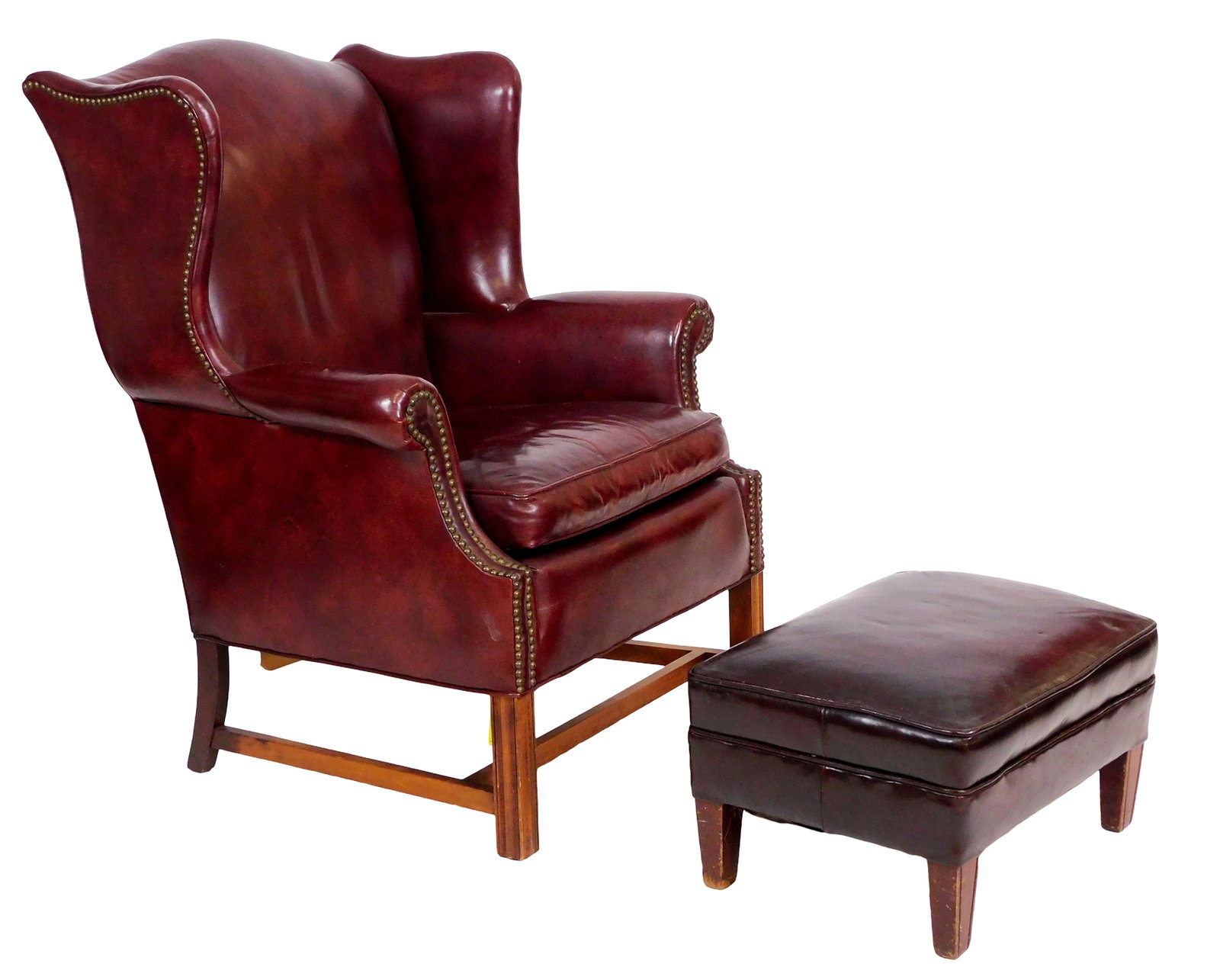 W&J Sloane leather wingback armchair with stool, both deep burgundy leather over straight molded (1 of 4)
