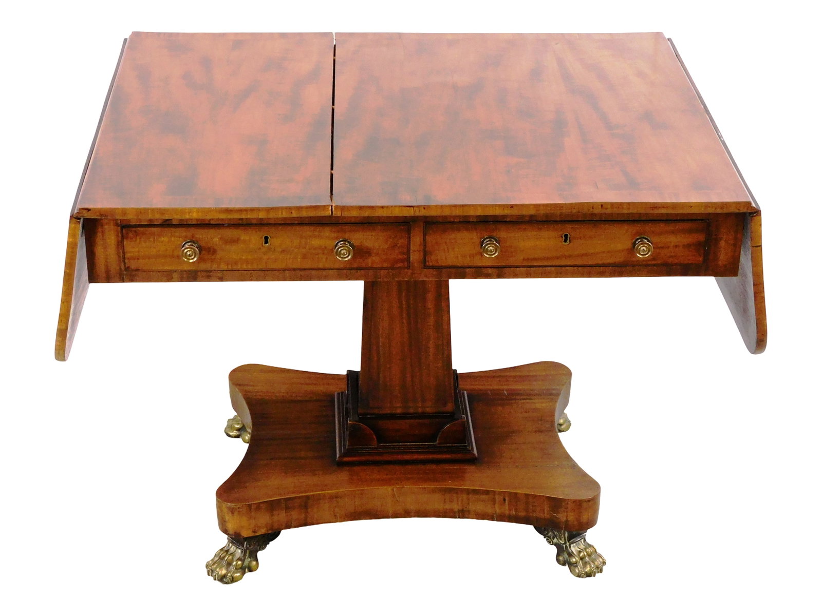 Regency two drawer sofa table, 19th C., figured veneer top with inlaid borders, free-hanging leaves (1 of 8)