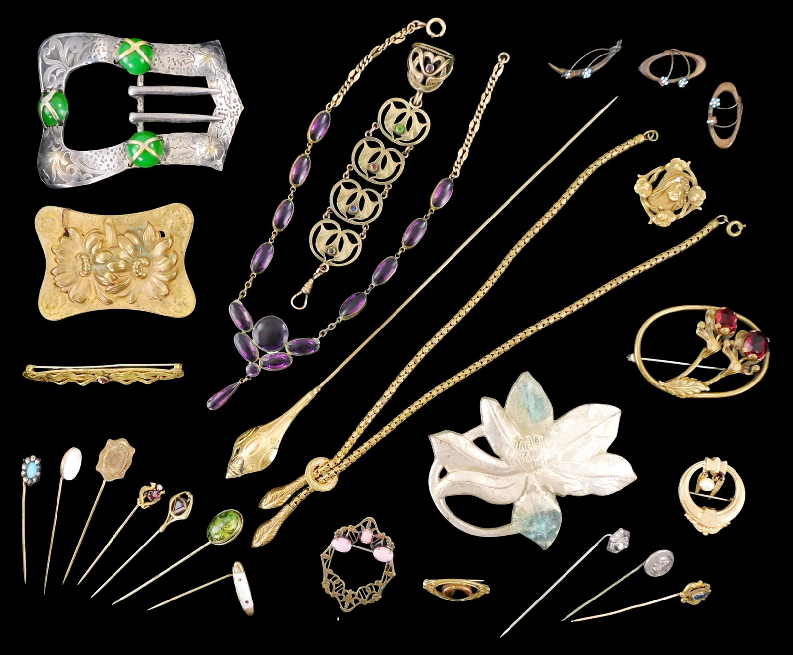 COSTUME JEWELRY: 25+ Art Nouveau and Victorian jewelry and accessories, many with faceted stones (1 of 3)
