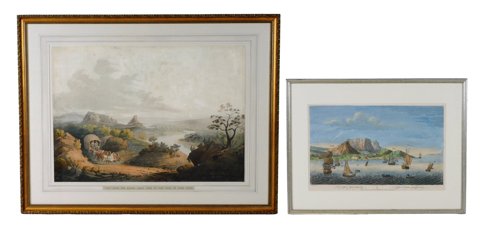 Two etchings of the Cape of Good Hope, late 18th and early 19th C., both framed behind glass, (1 of 9)