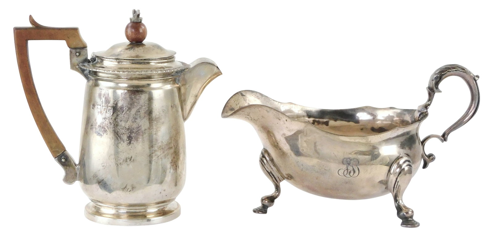 STERLING: English sterling silver sauce boat and lidded pourer, late 19th-early 20th C., London, (1 of 5)