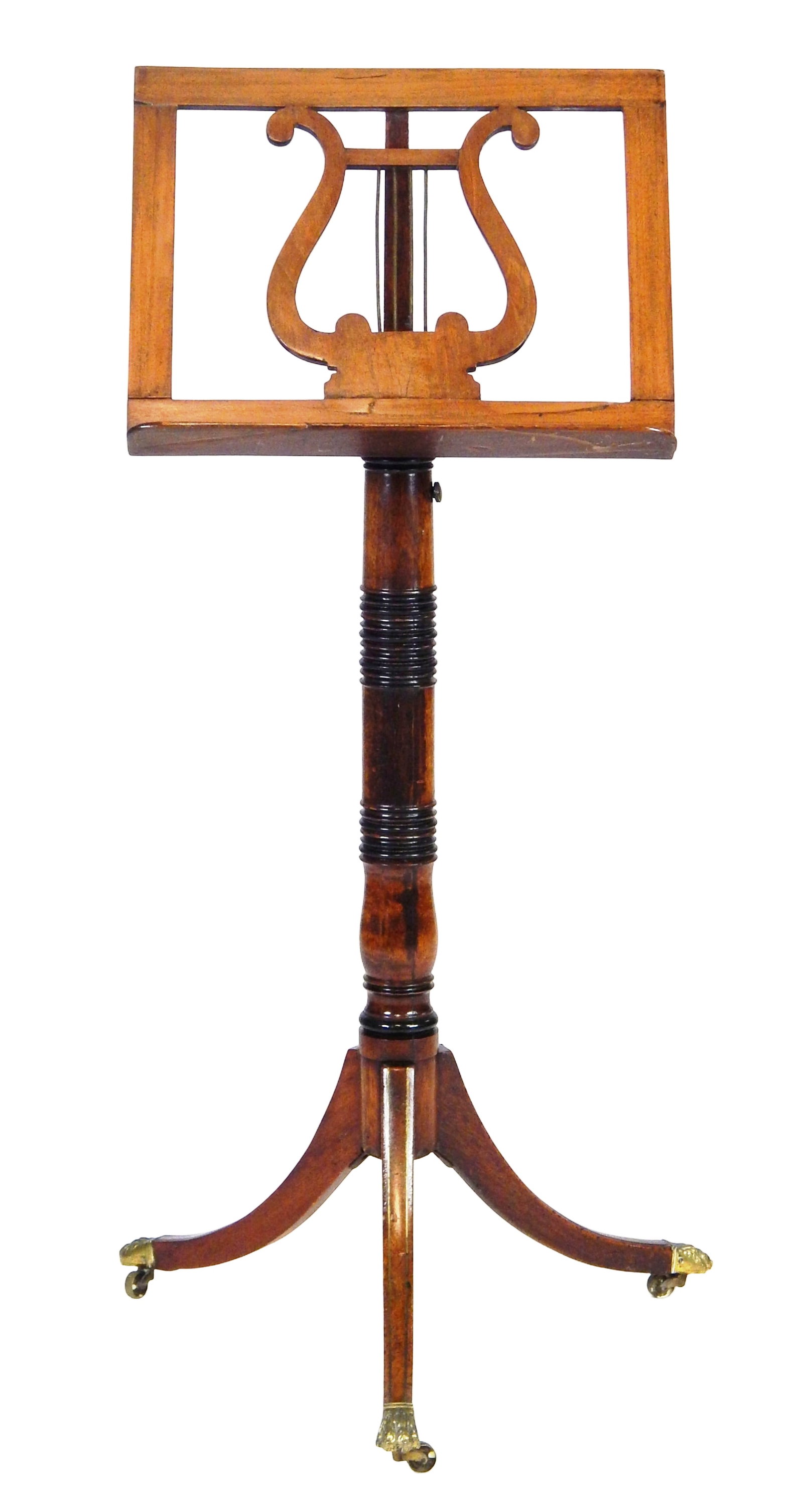 English Regency lyre shaped music stand, early 19th C., mahogany, sheet music stand with central: English Regency lyre shaped music stand, early 19th C., mahogany, sheet music stand with central lyre design, notched ratcheting post, brass spring pull mechanism, turned and reeded standard, old "Bri