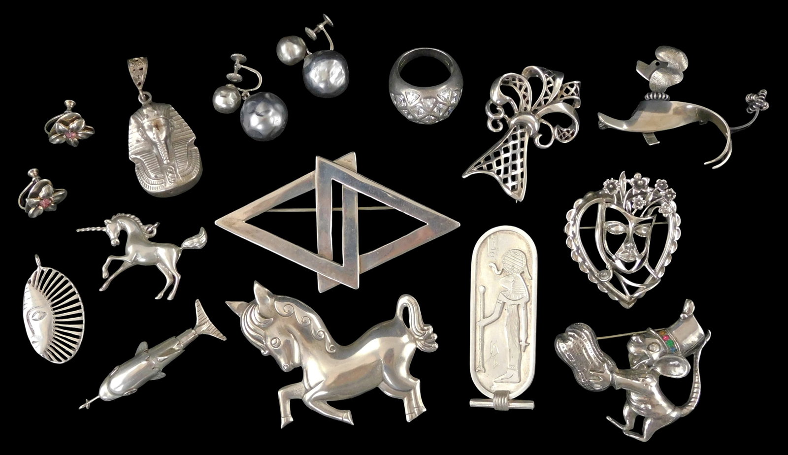 SILVER: Fifteen pieces of stamped sterling and tested silver brooches, pendants, earrings and ring, (1 of 3)