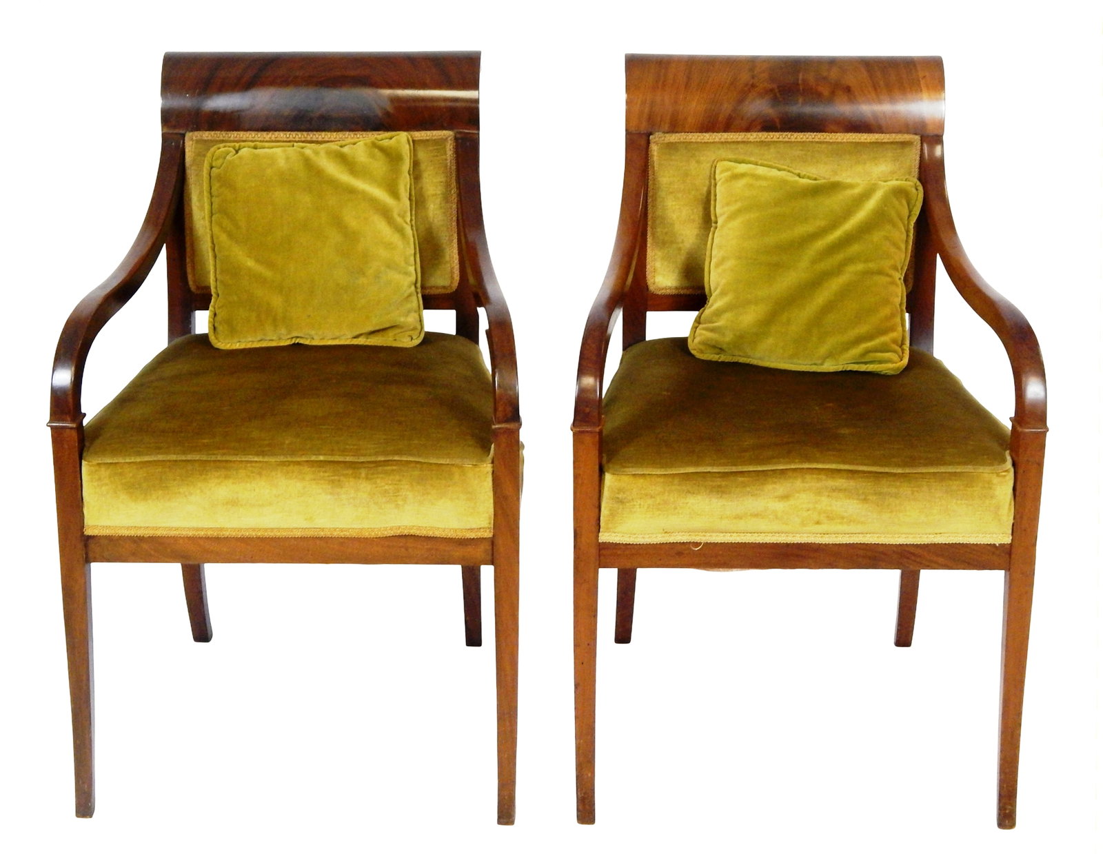 Pair of Regency style open armchairs, 19th C., mahogany, scrolled crest rail, olive colored velvet: Pair of Regency style open armchairs, 19th C., mahogany, scrolled crest rail, olive colored velvet upholstered back splat and cushion, serpentine arm rests, saber style legs, each with matching decora
