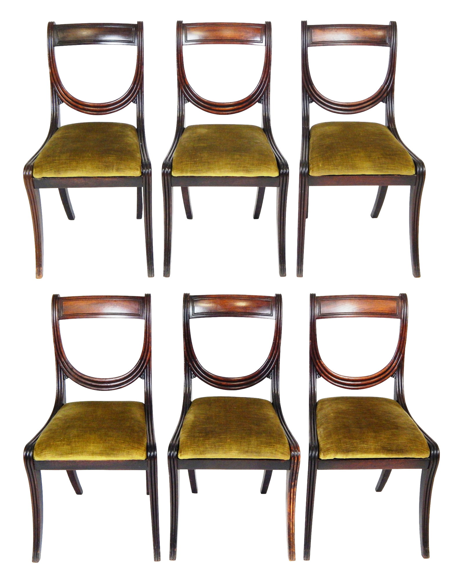 Six George III dining room side chairs, 19th C., curved crest bar, reeded back splat with stage (1 of 5)