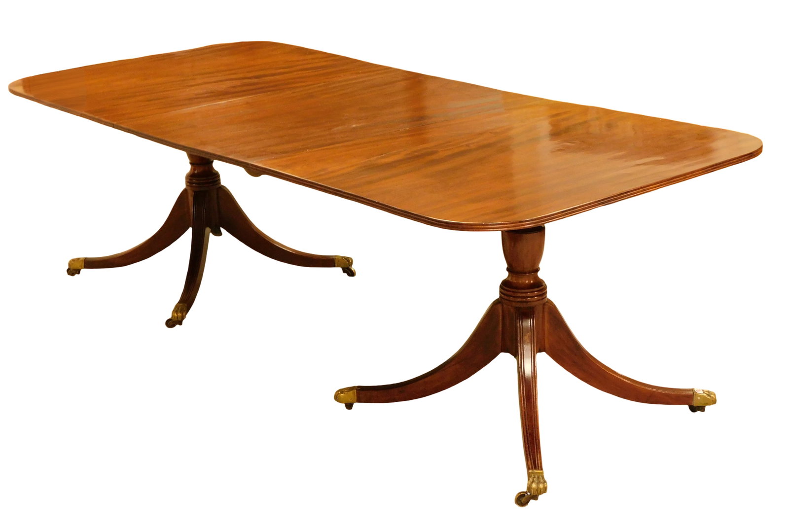 Georgian style twin pedestal banquet dining room table, late 19th C., mahogany, two-piece top with (1 of 5)