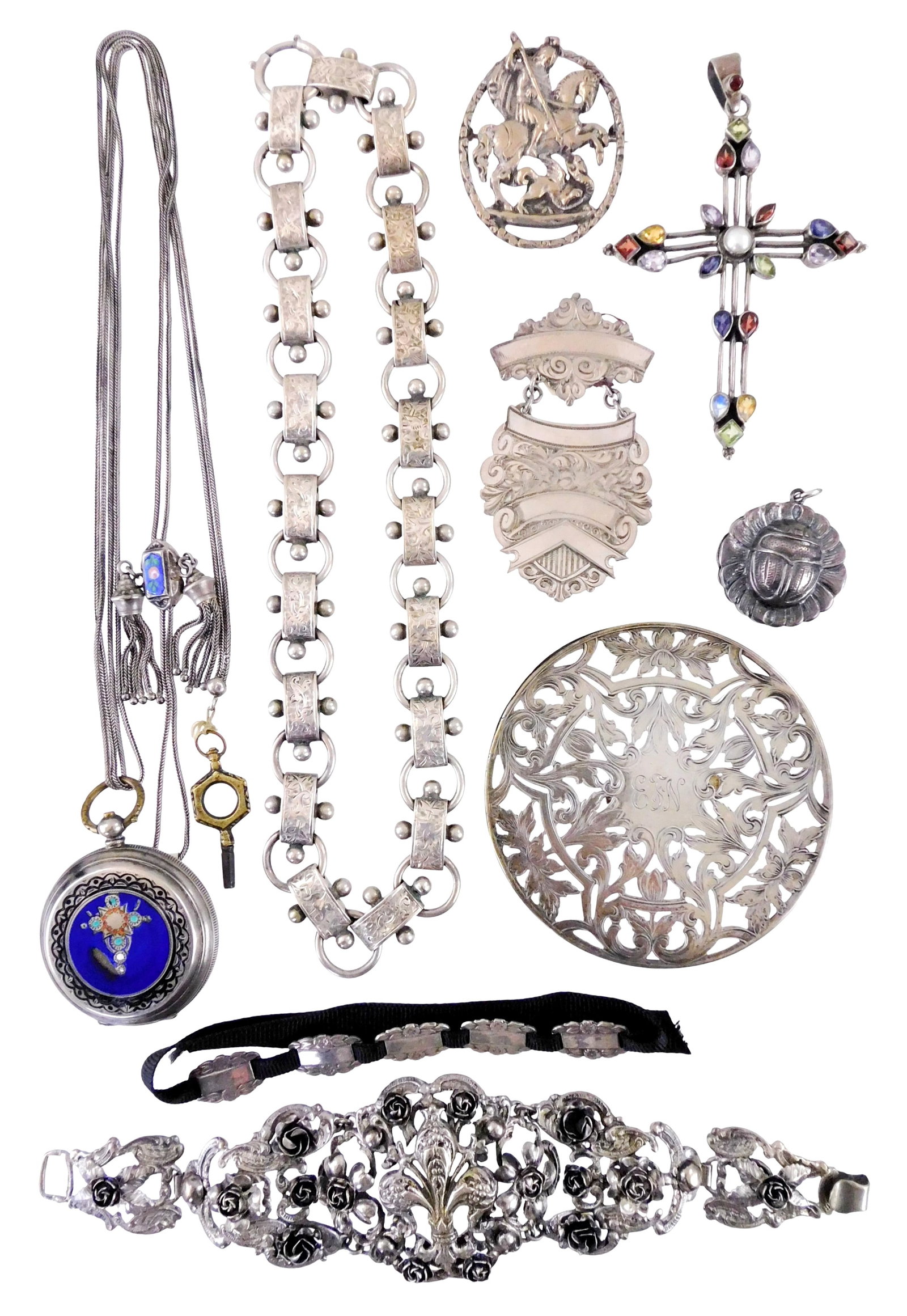 SILVER: Nine pieces of Victorian, Art Nouveau and Renaissance Revival sterling silver jewelry, all: SILVER: Nine pieces of Victorian, Art Nouveau and Renaissance Revival sterling silver jewelry, all pieces stamped 'sterling', '800' or tested silver, items include: Victorian bookchain necklace with e