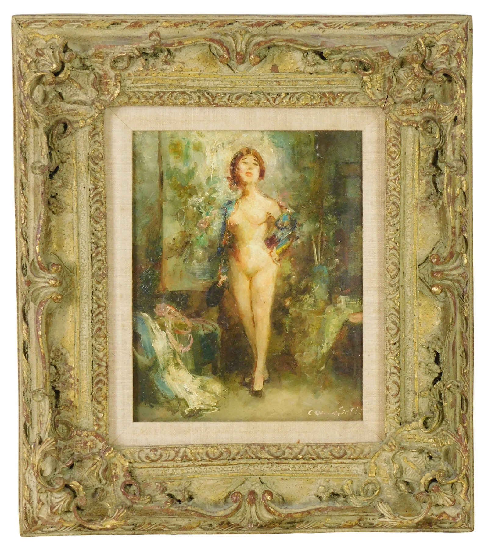 20th C. oil on canvas of nude woman in dressing room, she stands confidently while taking a blouse: 20th C. oil on canvas of nude woman in dressing room, she stands confidently while taking a blouse off, indistinctly signed lower right, in carved wood frame, condition consistent with age, frame with