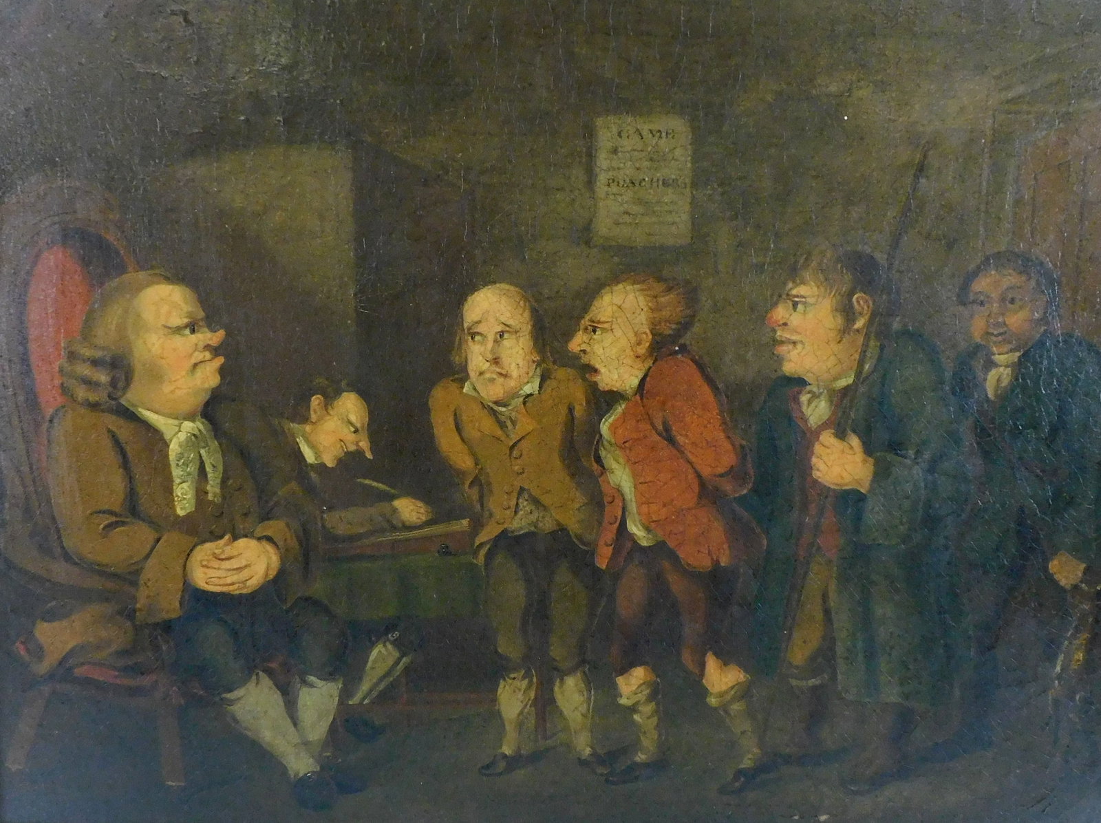 19th C. English untitled genre scene, oil on canvas, unsigned, framed, depicts genre scene of debtor (1 of 4)