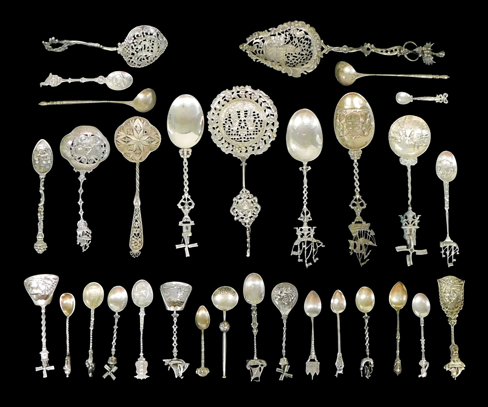 SILVER: 30+ Decorative spoons and scoops, many Continental, all tested silver or stamped '800', many (1 of 3)