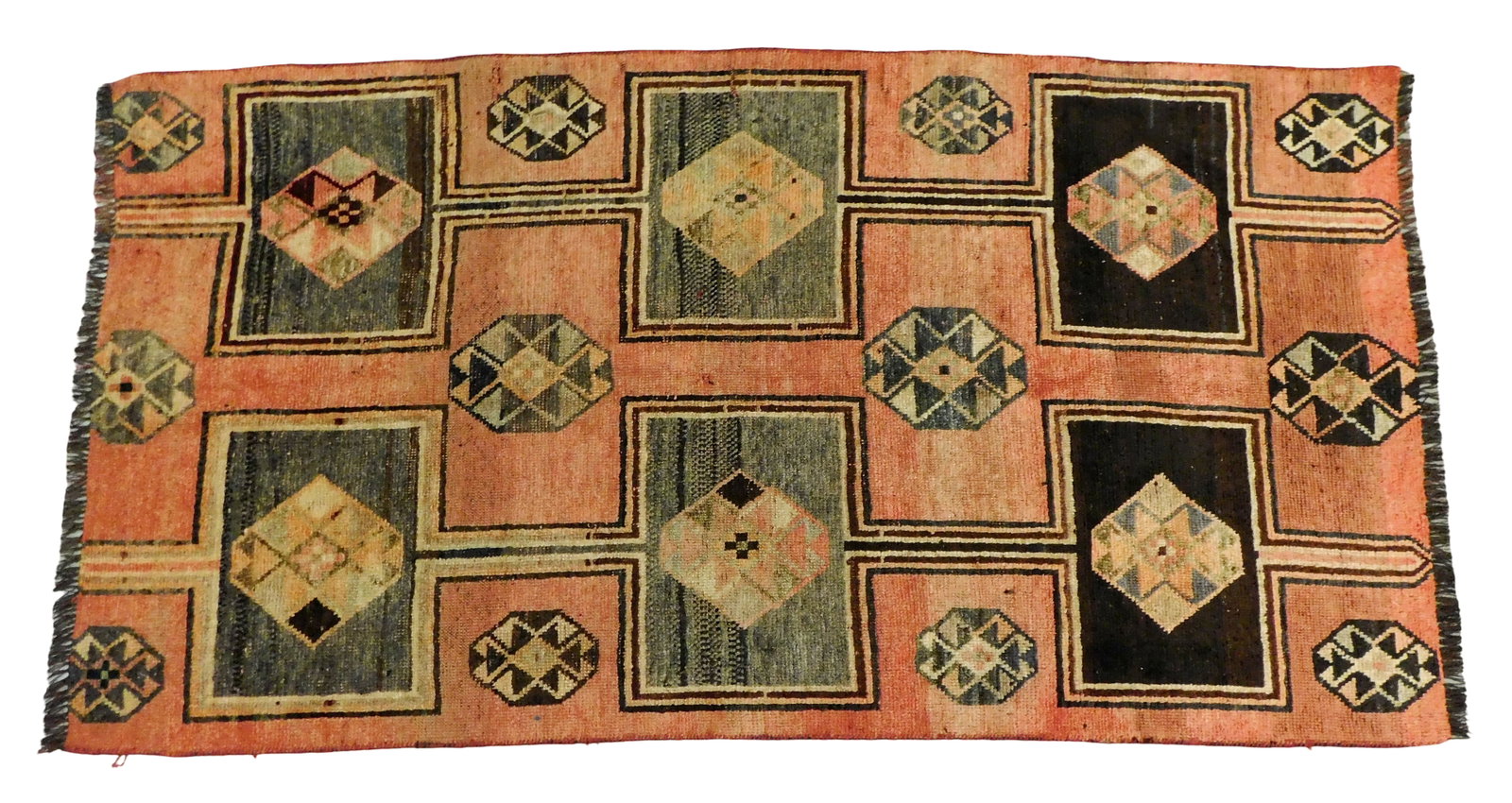 RUG: Gabehi rug, 3' 8" x 7' 6", wool on wool, geometric design, six central squares, salmon field, (1 of 4)