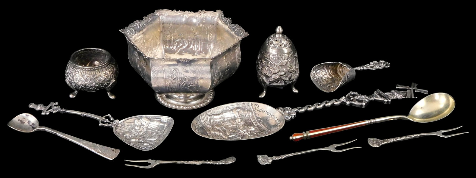 SILVER: European .84, .833 and coin silver decorative serving ware, eleven pieces, 19th-20th C.,: SILVER: European .84, .833 and coin silver decorative serving ware, eleven pieces, 19th-20th C., including: Russian Imperial 84 silver and enamel spoon, burnt orange enamel, etched silver floral motif