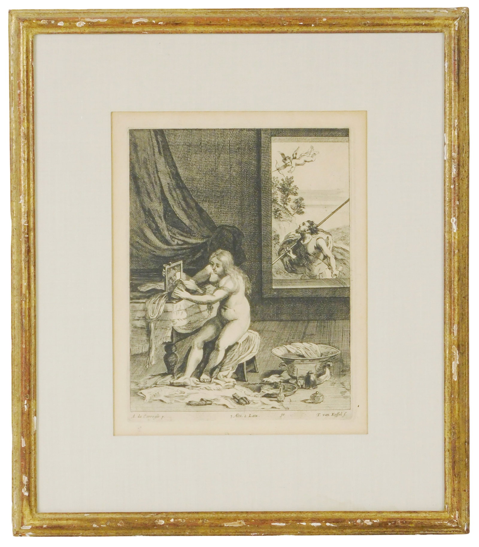 19th C. or earlier etching from the “Theatrum Pictorium” series after original painting: 19th C. or earlier etching from the “Theatrum Pictorium” series after original painting by Antonio Correggio (Italian, 1489-1534), drafted by David Teniers the Younger (Belgium, 1610-1690)