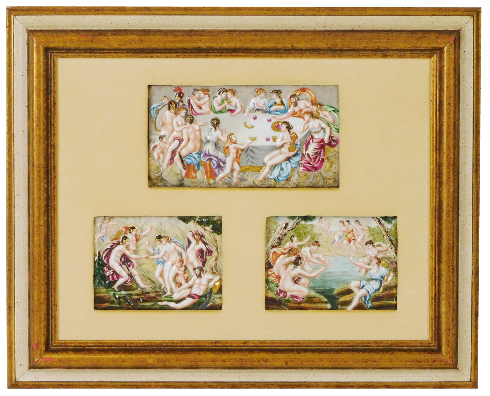 Three Capodimonte porcelain plaques, 19th C., Italy, bas relief enamel painted plaques, all (1 of 5)
