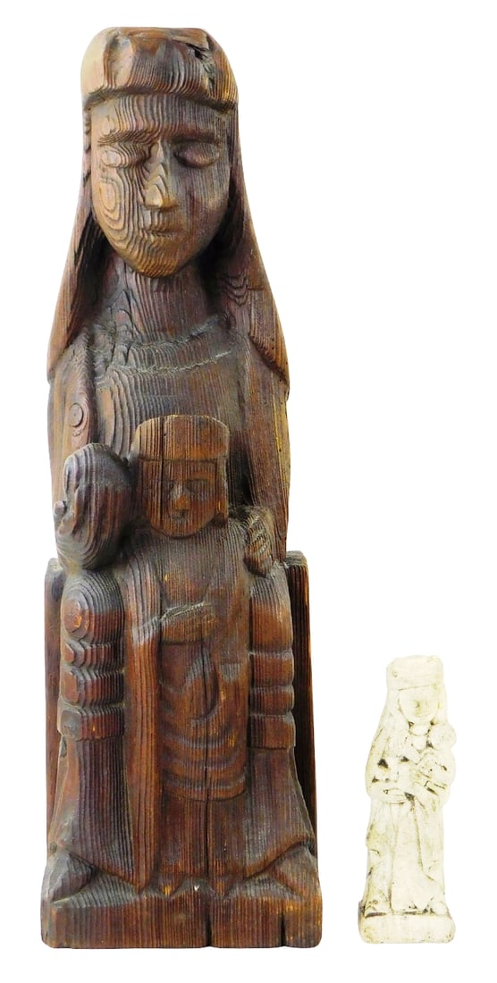 Two continental religious themed sculptures, both depicting Madonna and child, including: wood: Two continental religious themed sculptures, both depicting Madonna and child, including: wood carving depicting seated Mother with child by feet, mother holds object in hand, crudely carved into frag