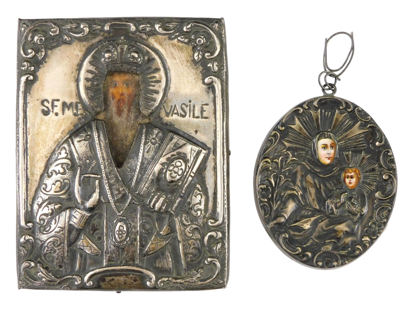 STERLING: Two sterling silver icons, St. Vasile and Kazan Mother, late 19th- early 20th C., likely (1 of 3)