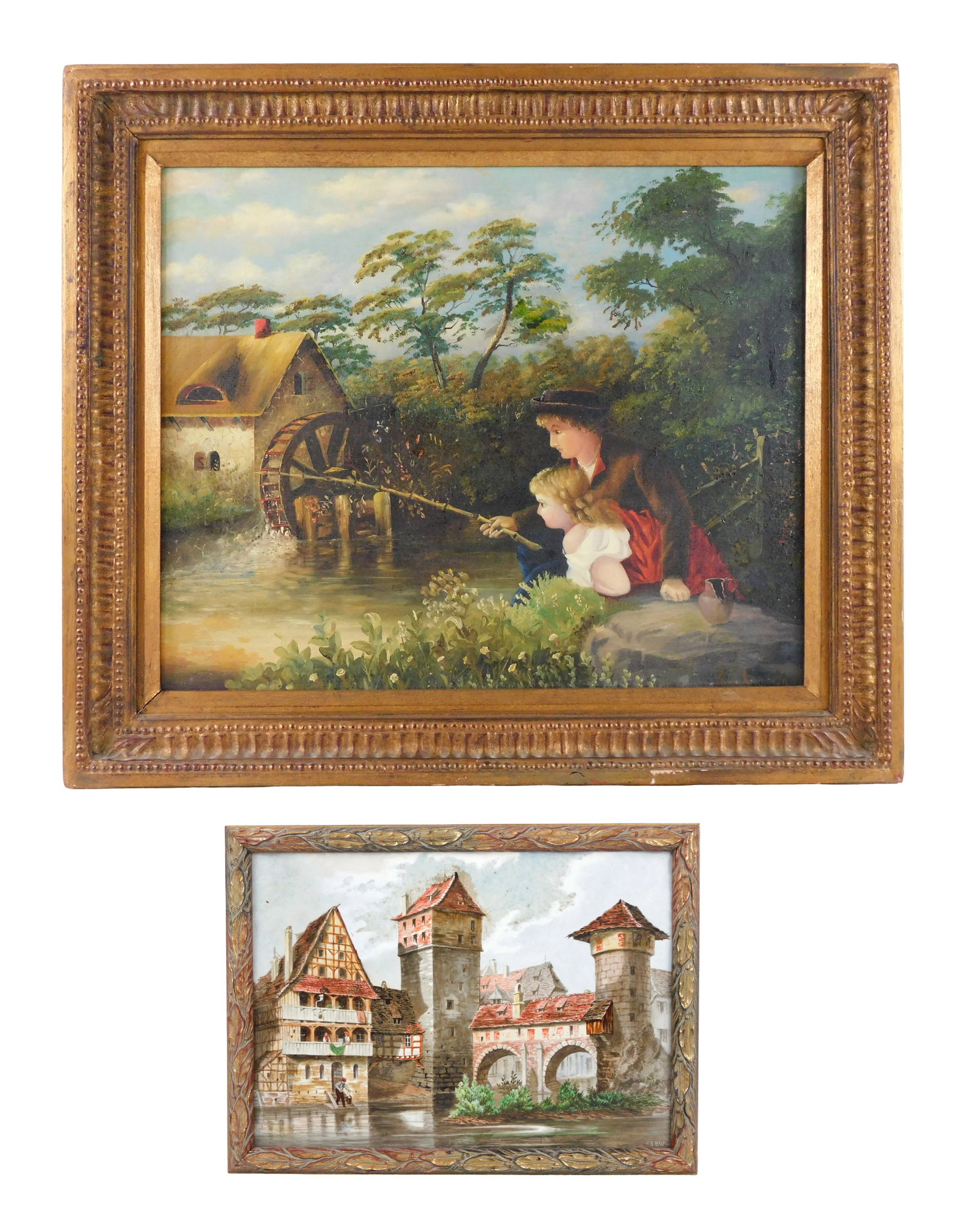 Two European paintings, 19th C., including: "Nuremberg" hand painted porcelain tile, c. 1879, likely (1 of 11)
