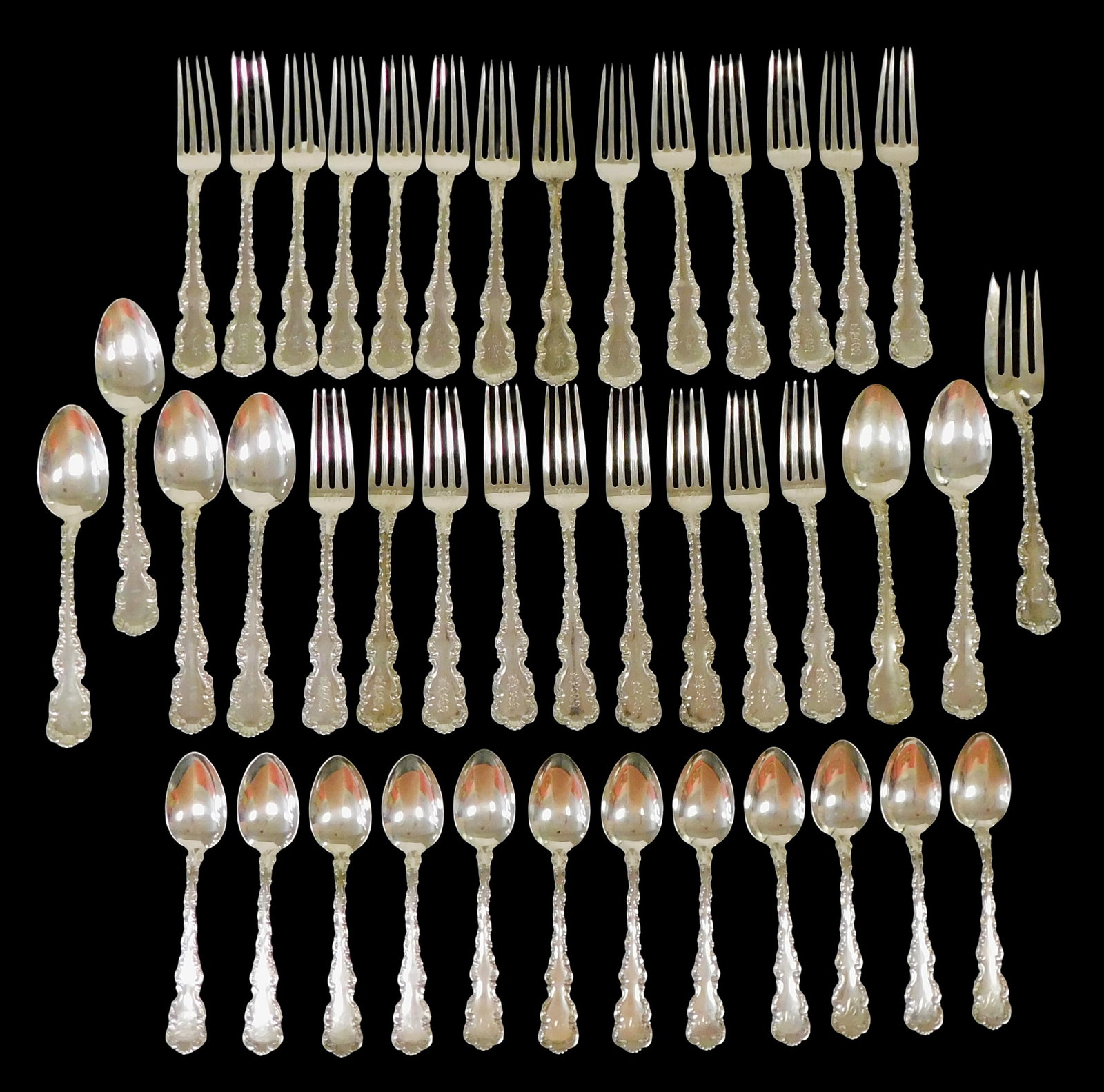 STERLING: Whiting 'Louis XV' pattern flatware set, forty-two pieces, c. 1891, New York City, all: STERLING: Whiting 'Louis XV' pattern flatware set, forty-two pieces, c. 1891, New York City, all marked sterling and with maker's mark, scroll motifs, details include: twelve dinner forks with "1891" 