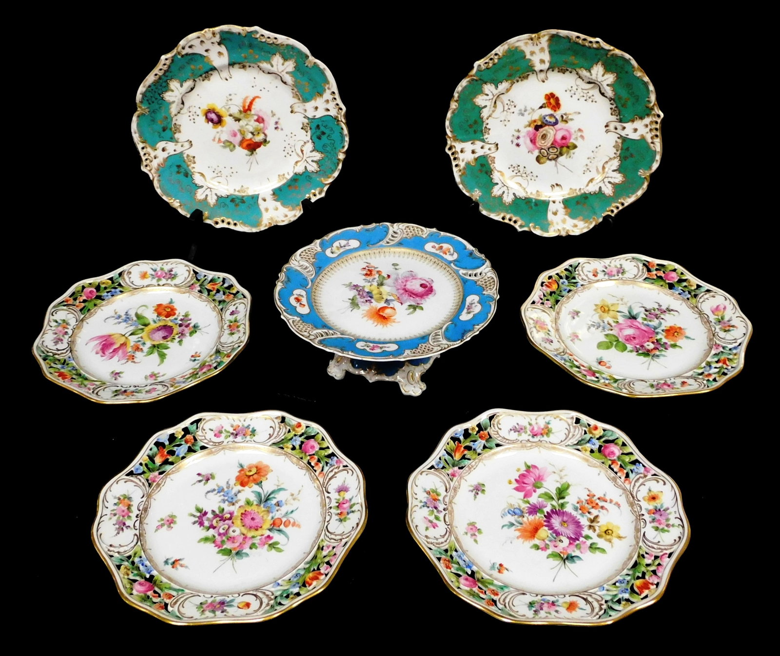 Dresden style hand-painted porcelain servingware, seven pieces, late 19th- early 20th C., including: (1 of 6)