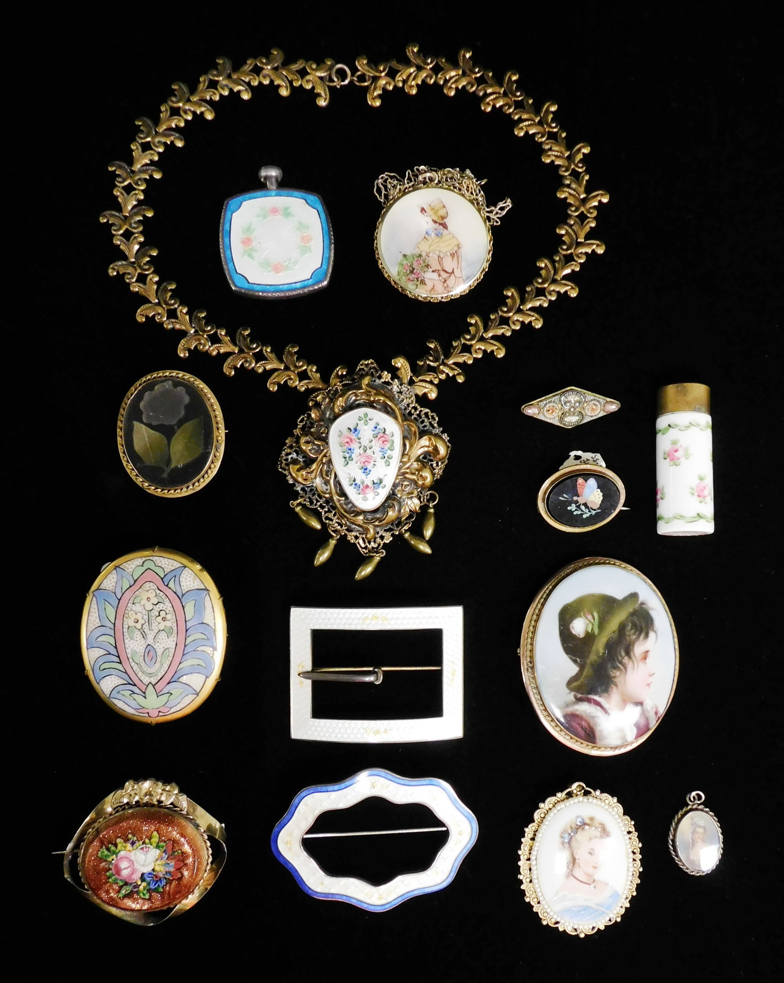 JEWELRY: Ladies accessories including guilloche enamel on sterling, micro-mosaic, pietra dura and: JEWELRY: Ladies accessories including guilloche enamel on sterling, micro-mosaic, pietra dura and miniature portraits, fourteen pieces, details include: ornate Rococo style necklace with guilloche ena