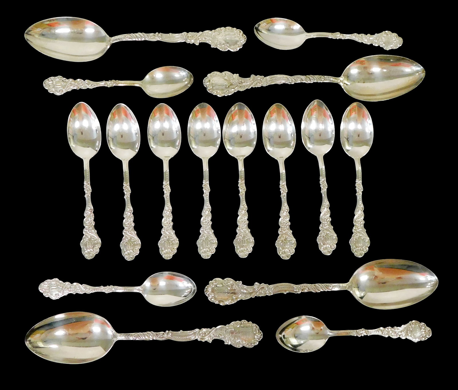 STERLING: Gorham 'Marie Antoinette' teaspoons and serving spoons, sixteen pieces, late 19th C., (1 of 3)