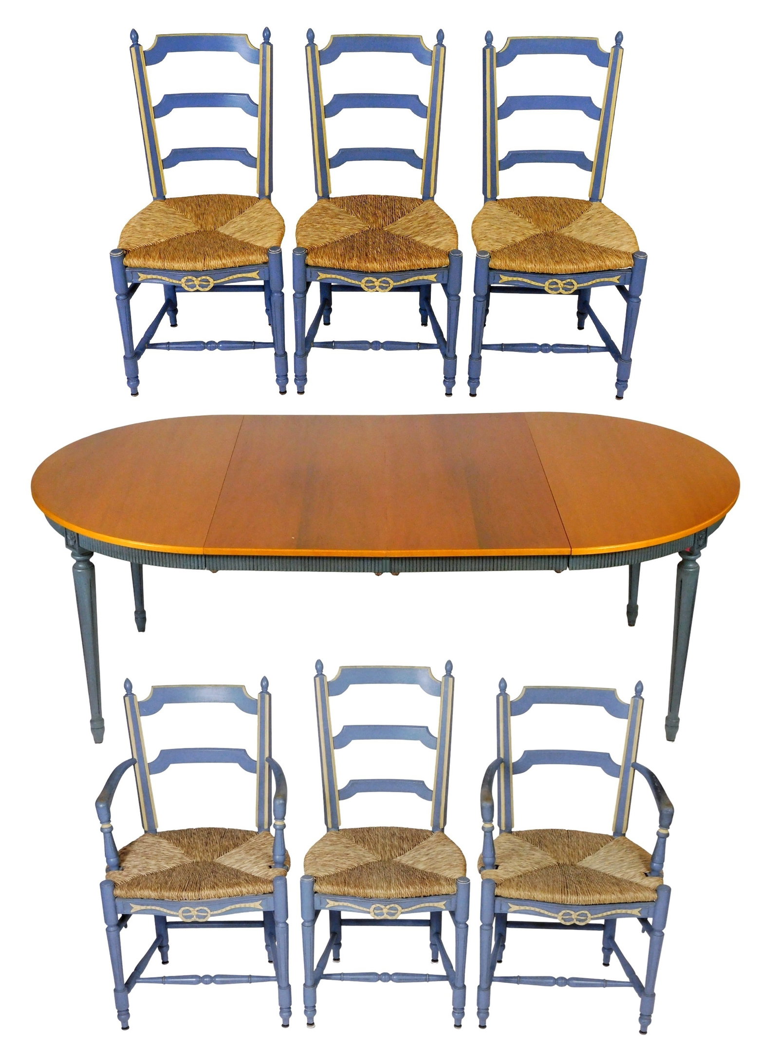 Gustavian style dining table and six French Country style chairs, contemporary, details include:: Gustavian style dining table and six French Country style chairs, contemporary, details include: expanding round top table, natural finished top, blue base and legs, ridged skirt, carved flowers at to