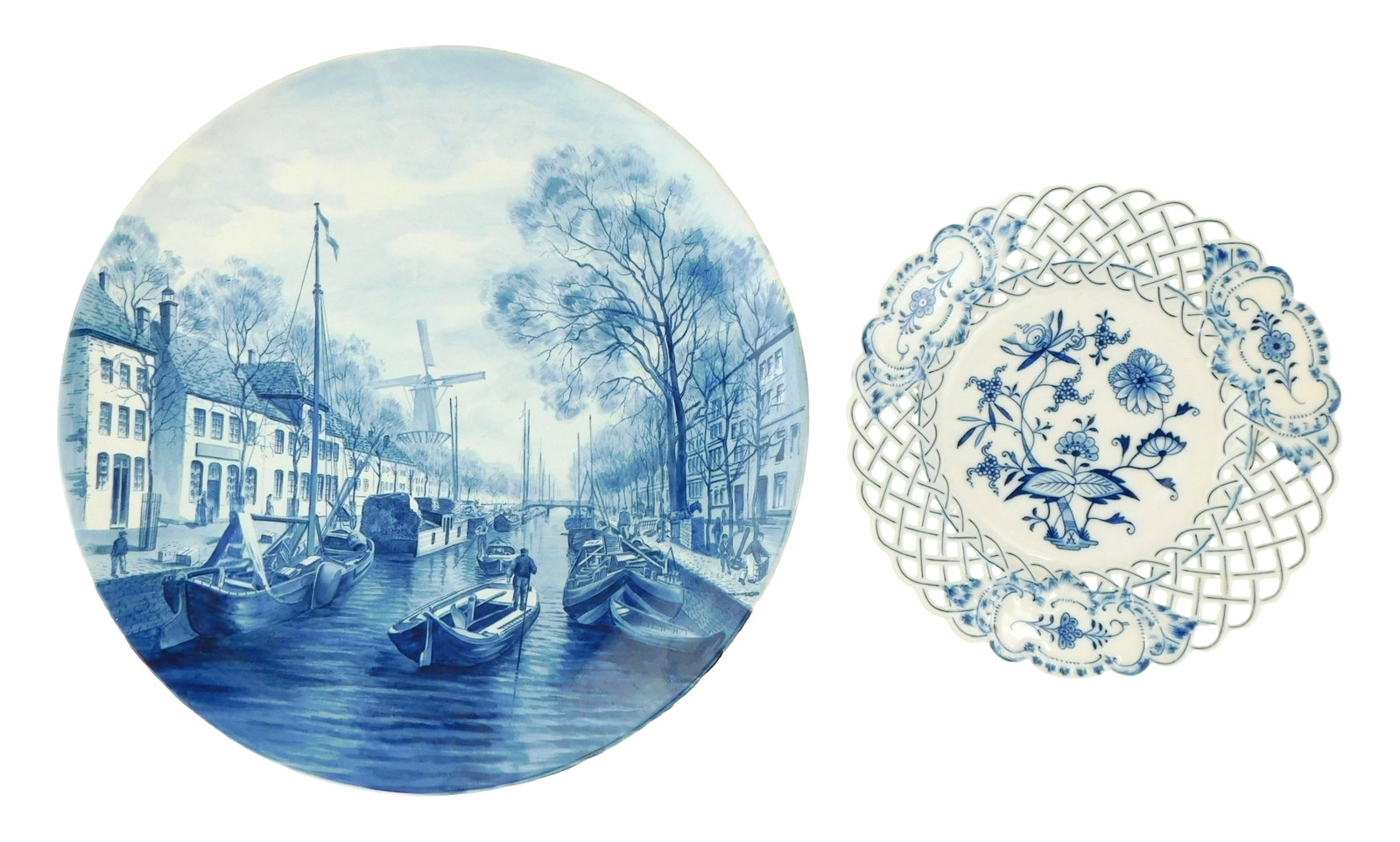 German blue and white transferware porcelain, two pieces, late 19th-early 20th C., including: large (1 of 6)