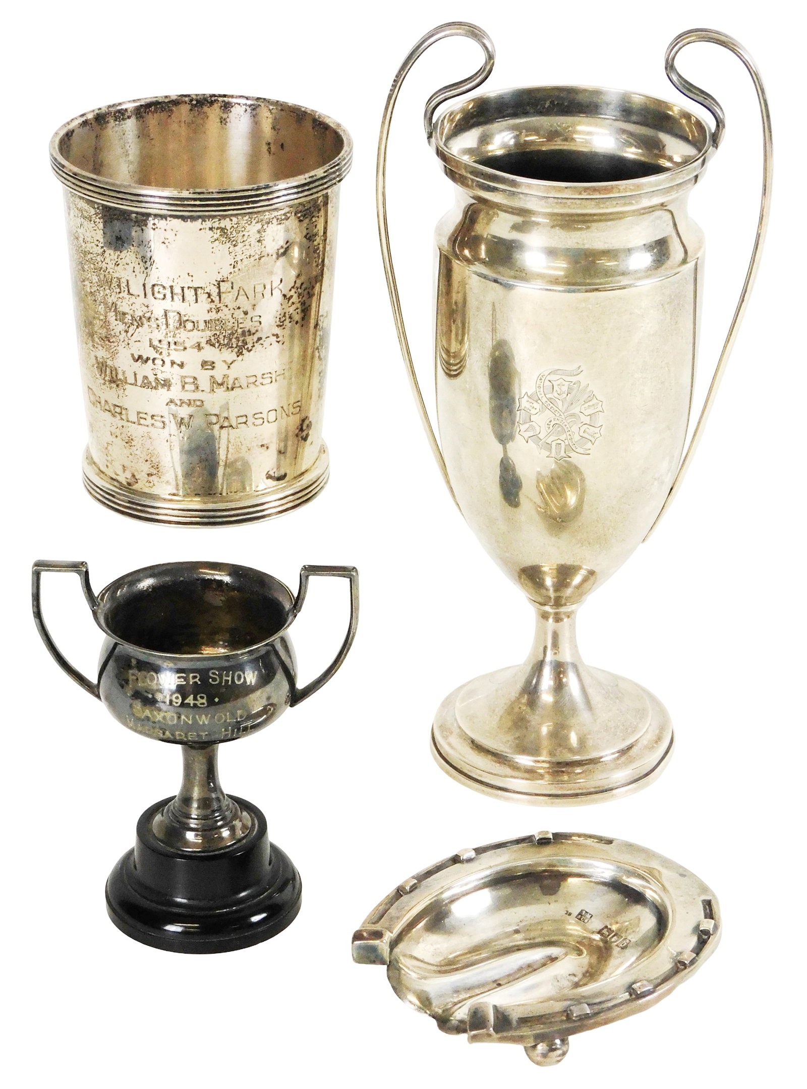 SILVER: Sterling silver trophies, horseshoe tray and silverplate trophy, four pieces, late 19th- mid (1 of 4)