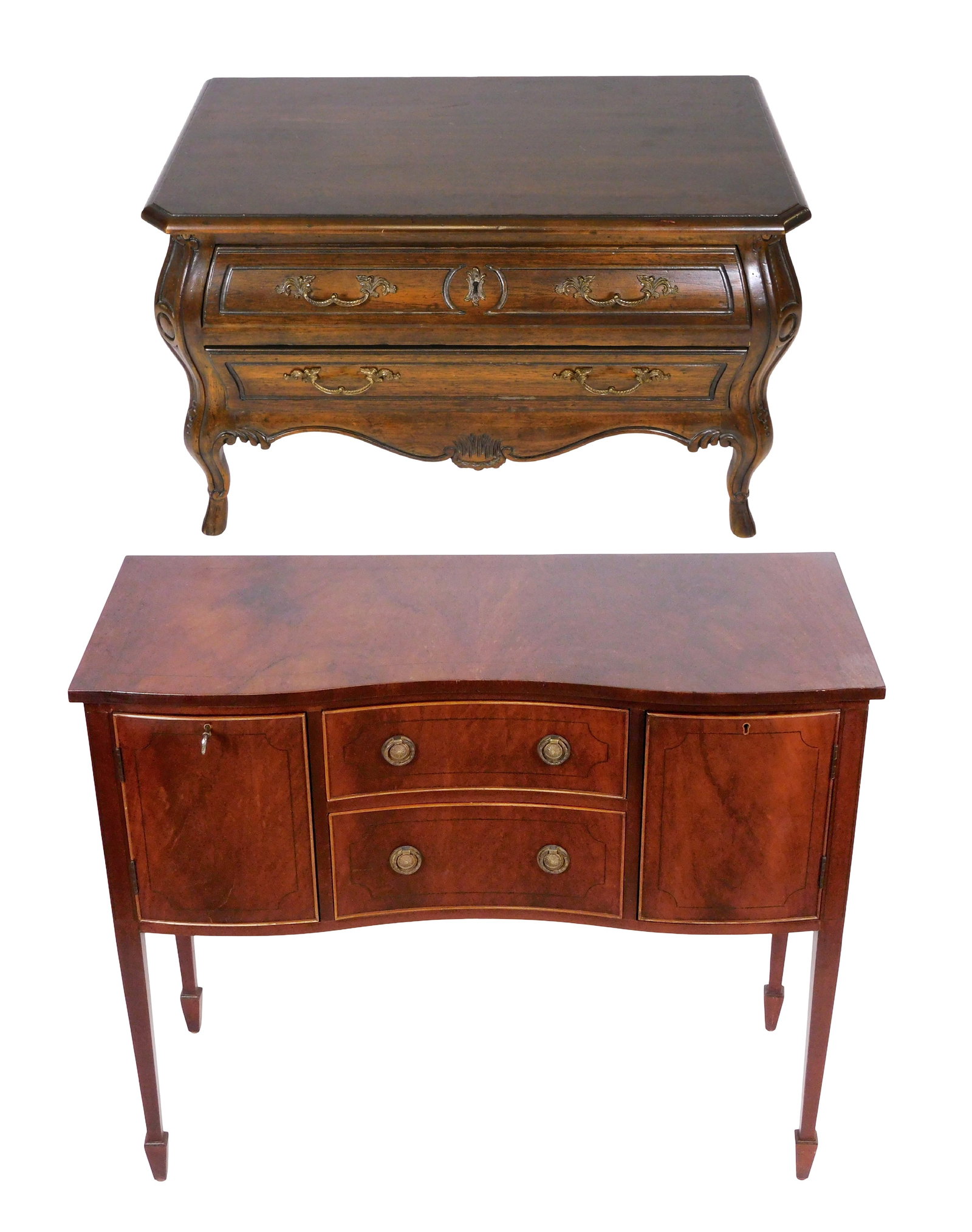 +Contemporary Federal style server and two drawer chest, both 20th C., including: Heritage Grand: +Contemporary Federal style server and two drawer chest, both 20th C., including: Heritage Grand Tour Louis XV style two drawer chest, American, stained walnut, bombe front, two drawers with decorativ