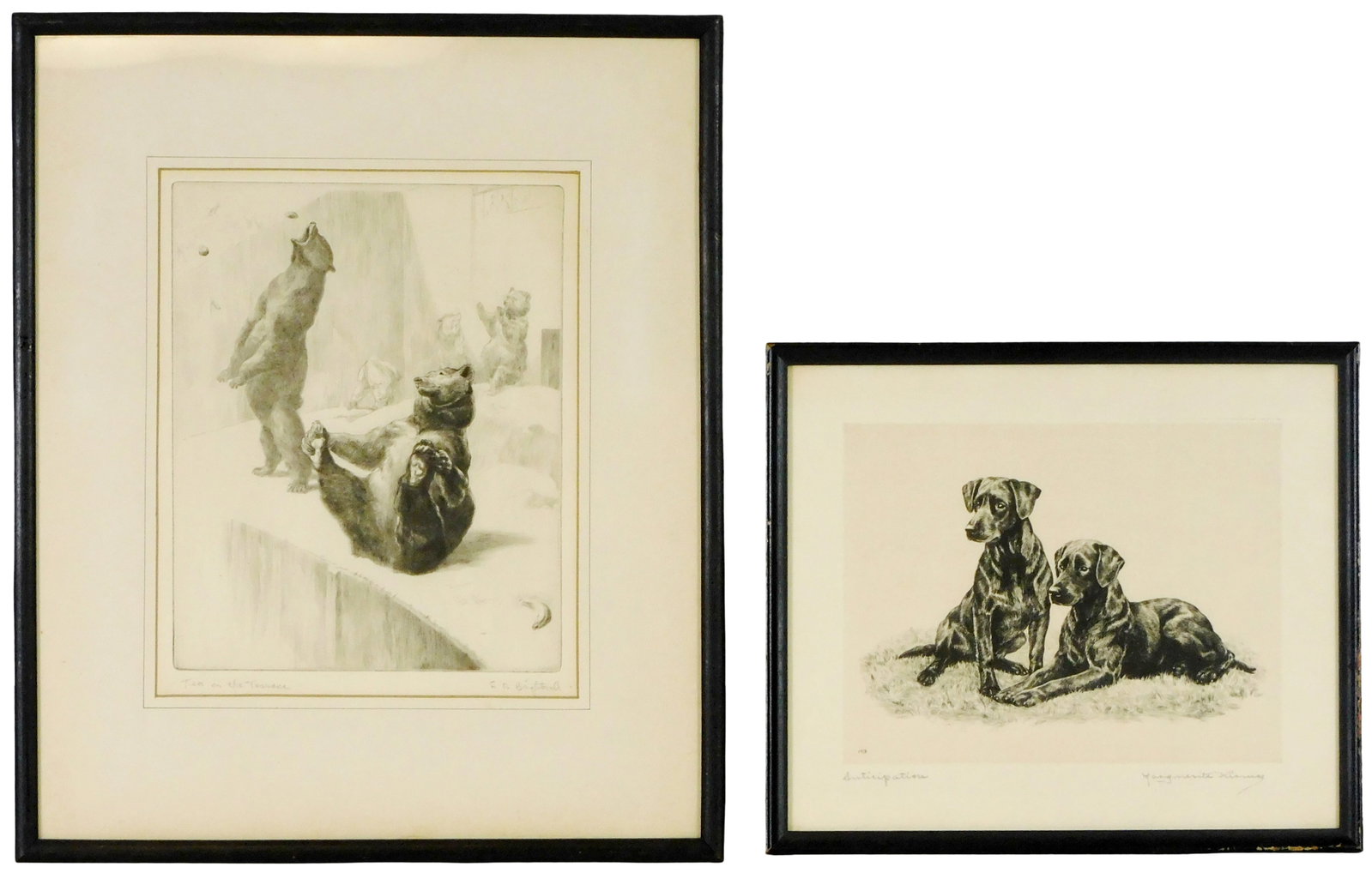 Marguerite Kirmse and Leonard Brightwell, two 20th C. animal-themed etchings, both pencil signed and (1 of 4)