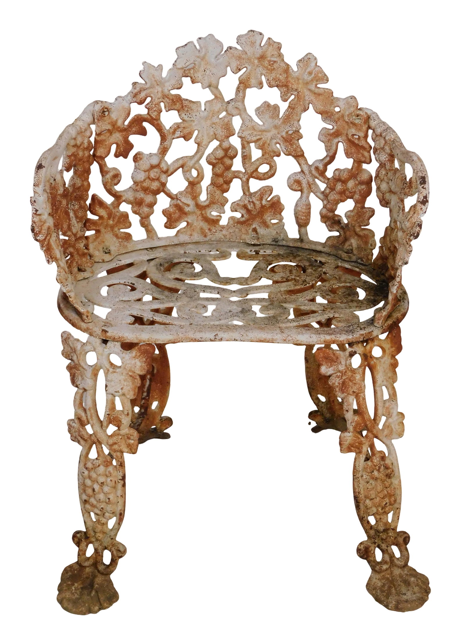 GARDEN: Victorian style cast iron garden armchair, old painted white finish, featuring grapevine (1 of 3)