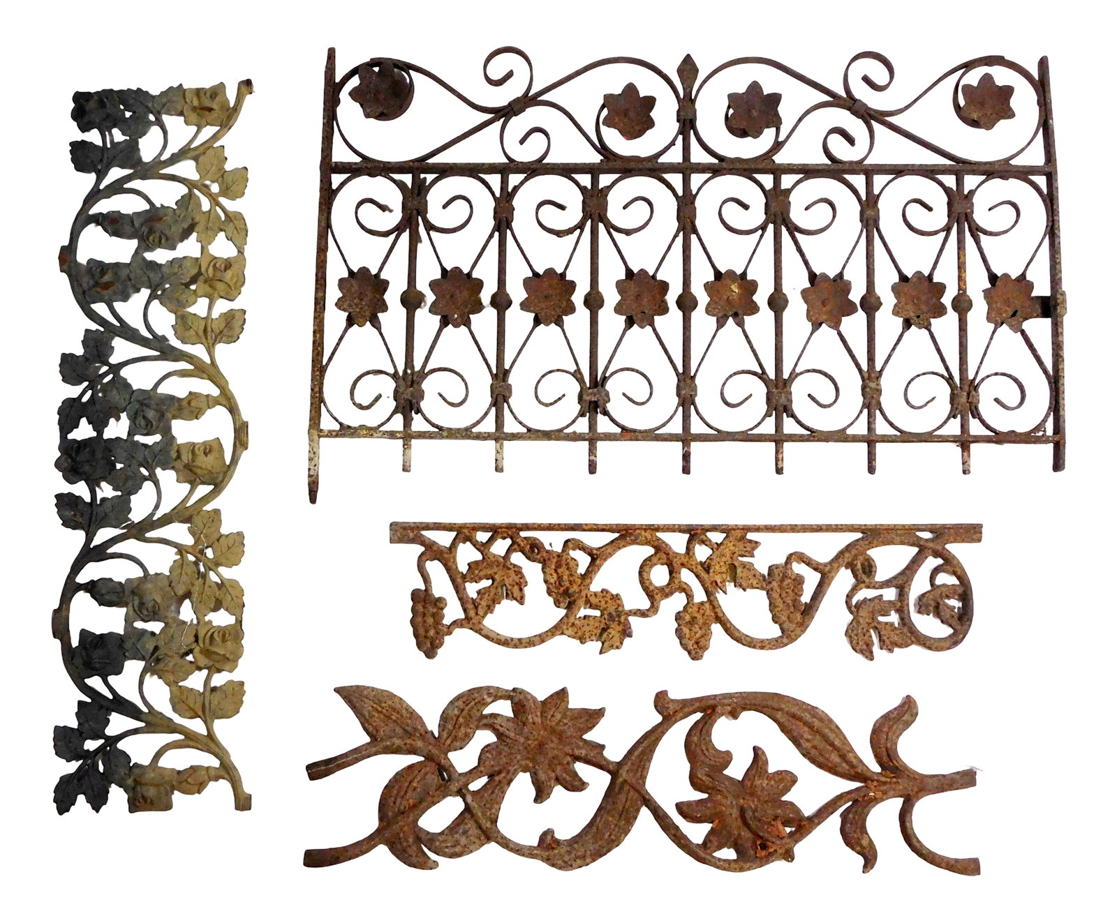 Four ornate architectural iron fragments, all foliate designs, low fence section with dimensional (1 of 4)
