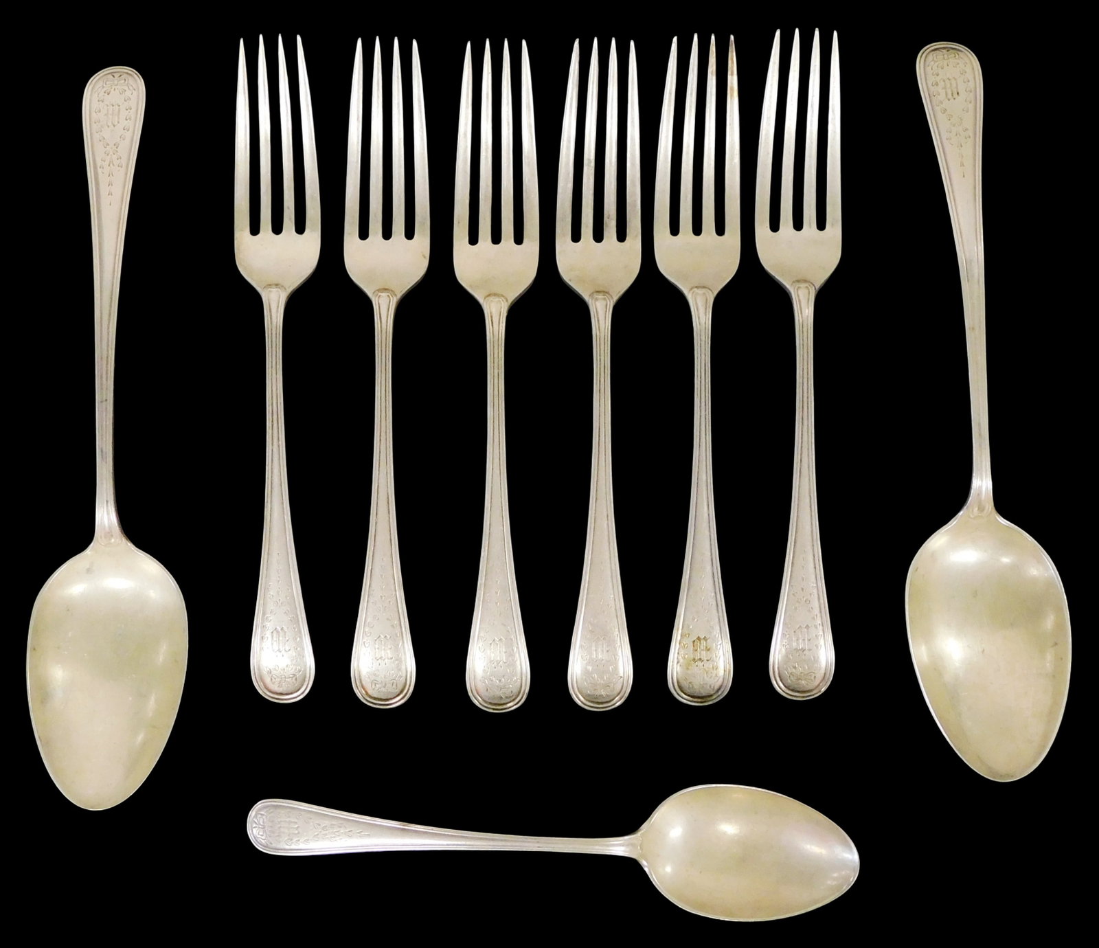 STERLING: Gorham "Jefferson" pattern servingware, nine pieces, all stamped on reverse, details: STERLING: Gorham "Jefferson" pattern servingware, nine pieces, all stamped on reverse, details include: two table/ serving spoons, 8 5/8".l.;six dinner forks, 7 5/8" l.; and a teaspoon, 6 7/8" l., all