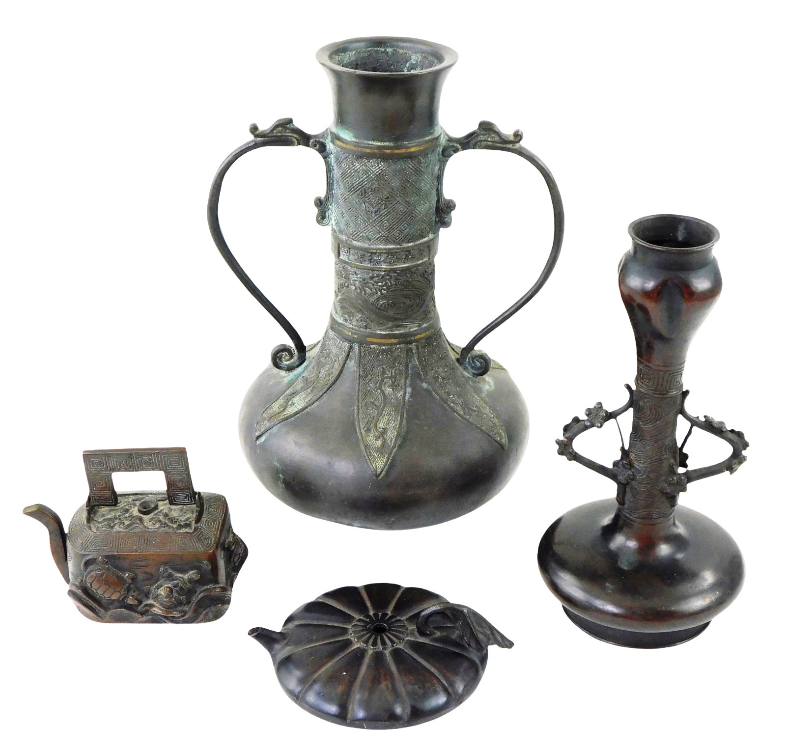 ASIAN: Chinese and Japanese bronze metalware vases and water droppers, 19th-20th C., including: two (1 of 7)