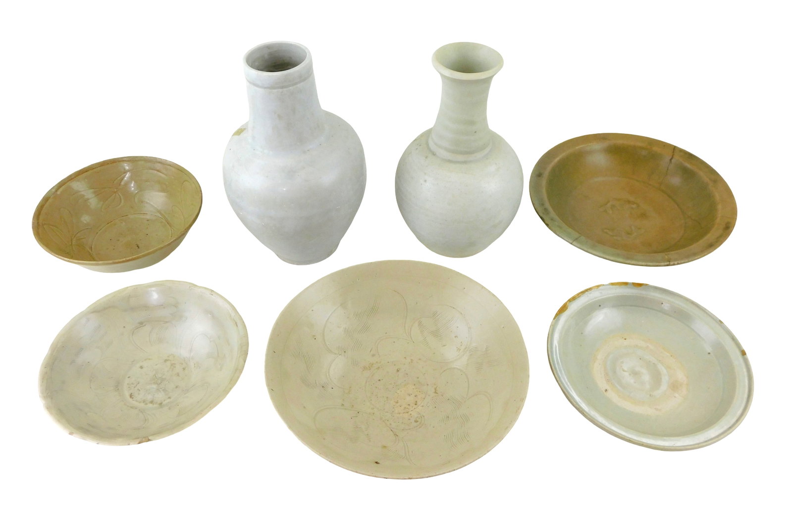 ASIAN: Chinese Qingbai glaze vases and celadon glaze bowls, seven pieces, 19th- early 20th C., (1 of 3)