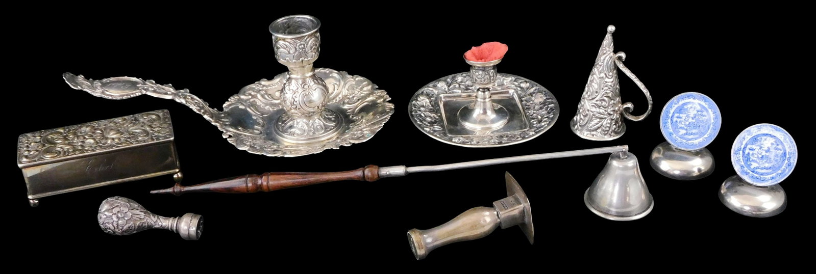 SILVER: Sterling, coin, and weighted silver decor accessories, nine pieces, late 19th- early 20th: SILVER: Sterling, coin, and weighted silver decor accessories, nine pieces, late 19th- early 20th C., including: German coin silver chamberstick candle holder, repousse decorated drip pan, "Ethel" mon