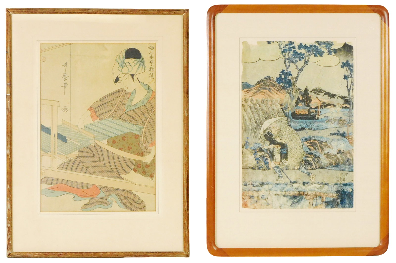 ASIAN: Two framed Japanese woodblock prints by Kitagawa Utamaro (1753 - 1806) and Utagawa Kunisada: ASIAN: Two framed Japanese woodblock prints by Kitagawa Utamaro (1753 - 1806) and Utagawa Kunisada (1786-1865), details include: "Fujin tewaza ayatsuri kagami (Woman Weaving)" by Kitagawa Utamaro, lik