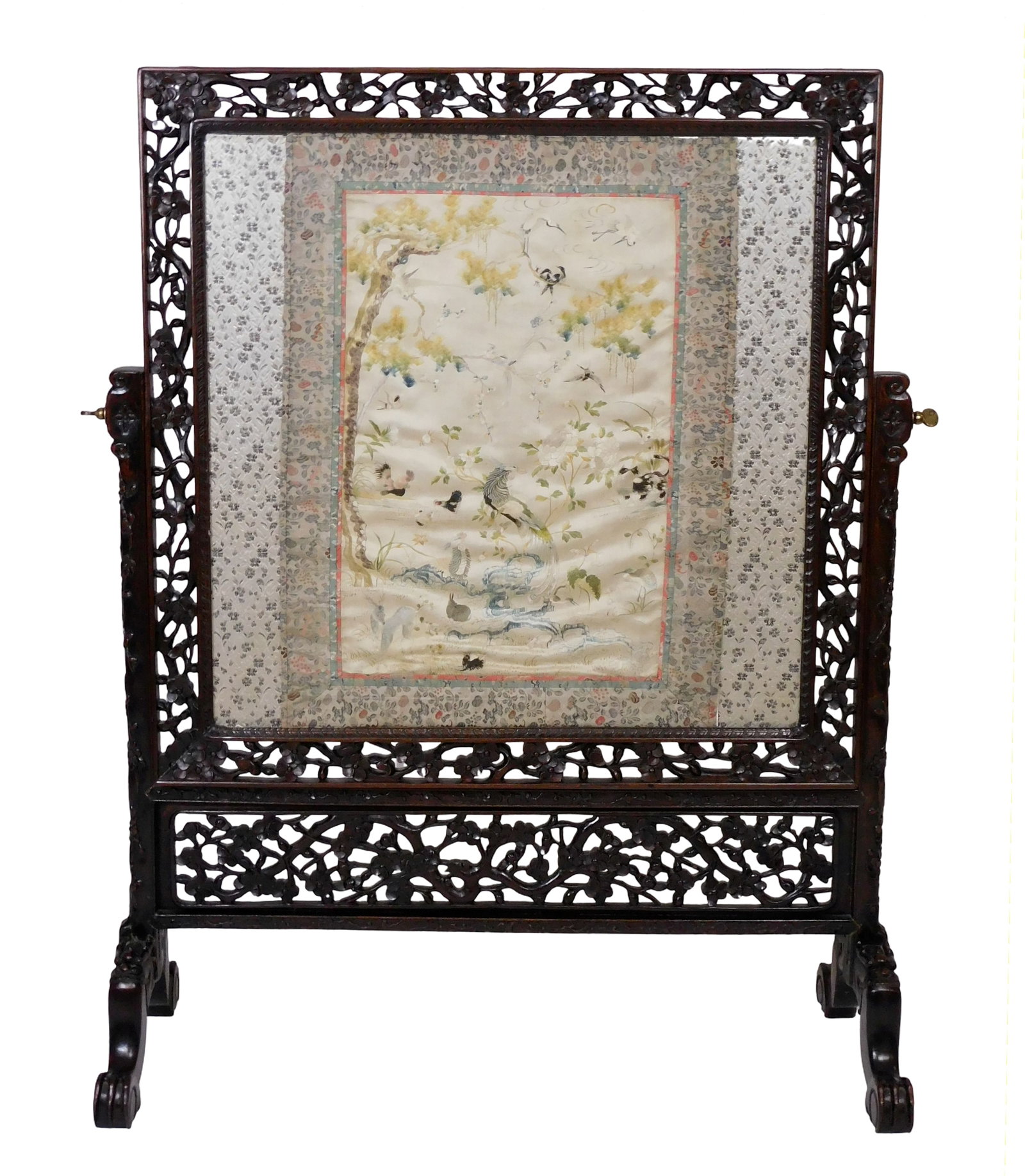 ASIAN: Chinese carved screen, late Qing dynasty, silk embroidery depicting birds, phoenix, deer,: ASIAN: Chinese carved screen, late Qing dynasty, silk embroidery depicting birds, phoenix, deer, other small animals and plants, on cream background, embroidery matted with layers of floral pattern fa