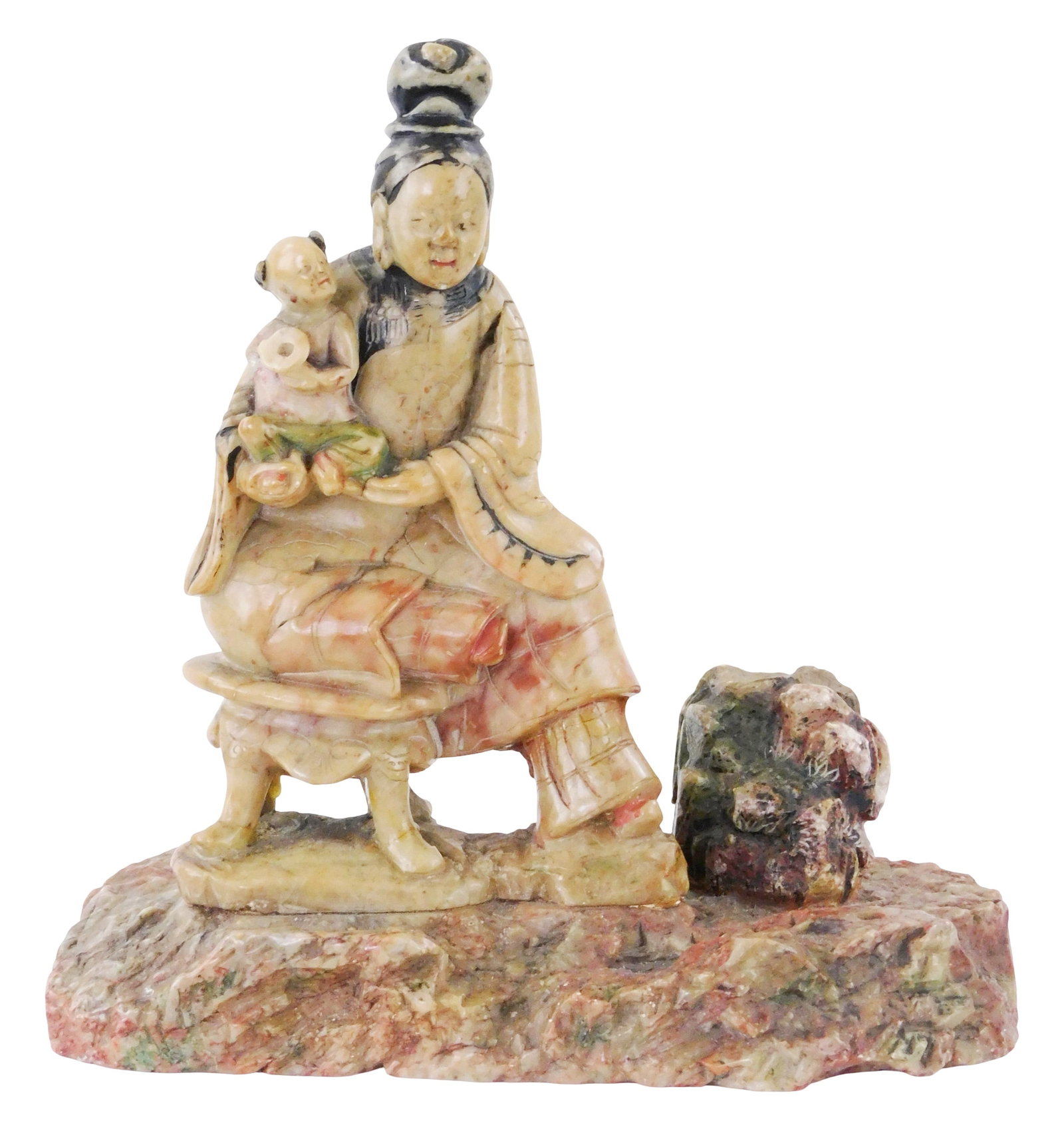 ASIAN: Chinese figural soapstone carving on rock plinth, appears to be Qing Dynasty, figural of: ASIAN: Chinese figural soapstone carving on rock plinth, appears to be Qing Dynasty, figural of woman of status sitting on stool, holding child, possibly of Guanyin, woman wearing long decorative robe