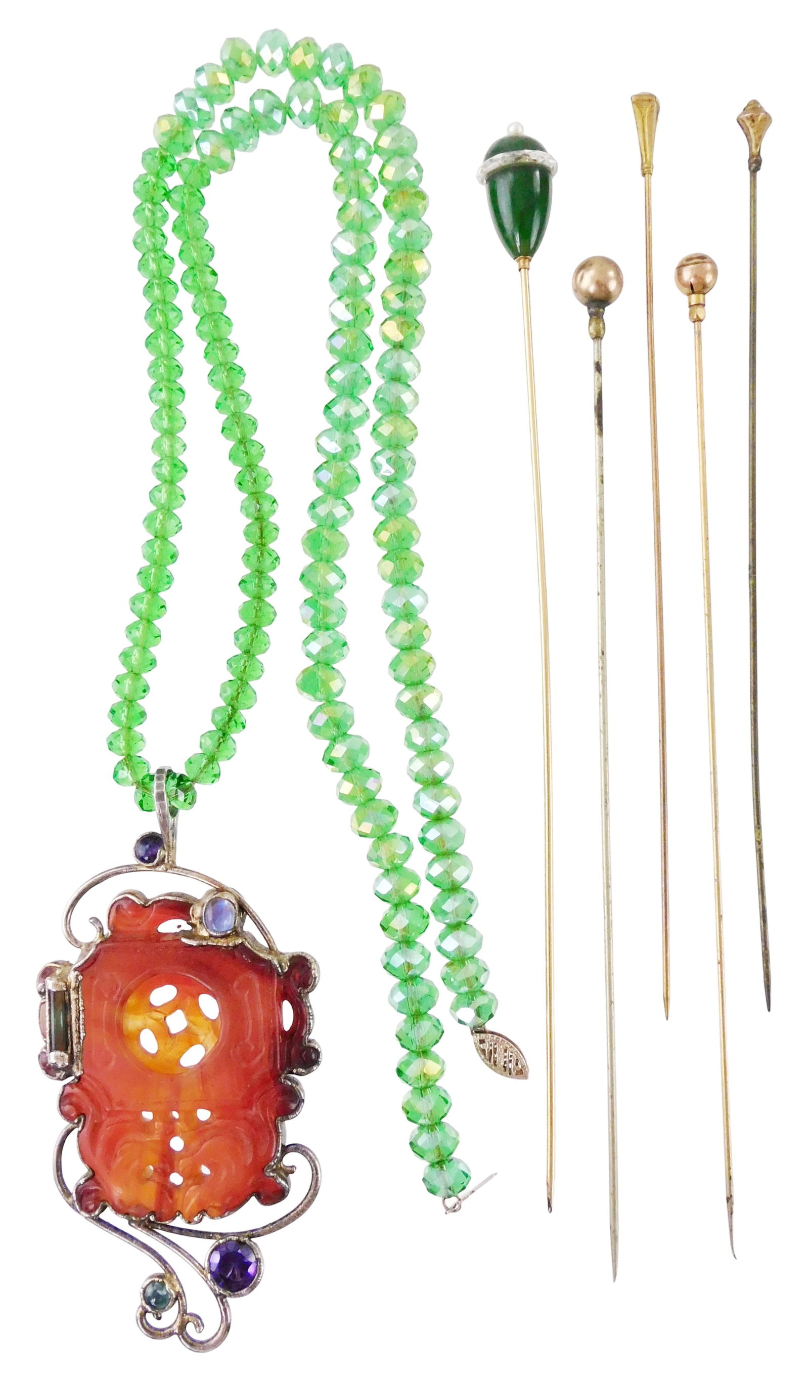 JEWELRY: Signed carved hardstone pendant necklace with 14K clasp and five hat pins, details include:: JEWELRY: Signed carved hardstone pendant necklace with 14K clasp and five hat pins, details include: necklace with pierced Carnelian or red jade type stone pendant featuring Chinese type carving, sign